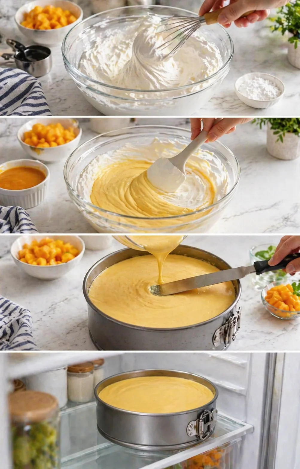 Four-panel collage of mango cake batter steps: whipped cream, batter mixing, and filling a springform pan.