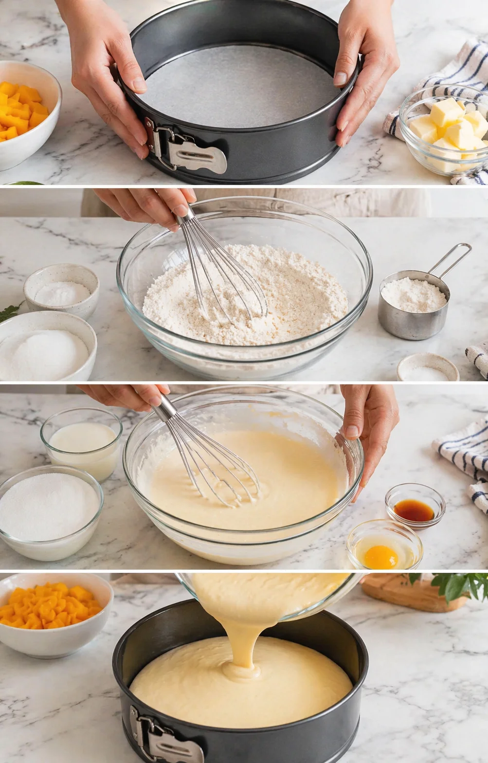 hands preparing mango cake batter in a springform pan with diced mango on the counter