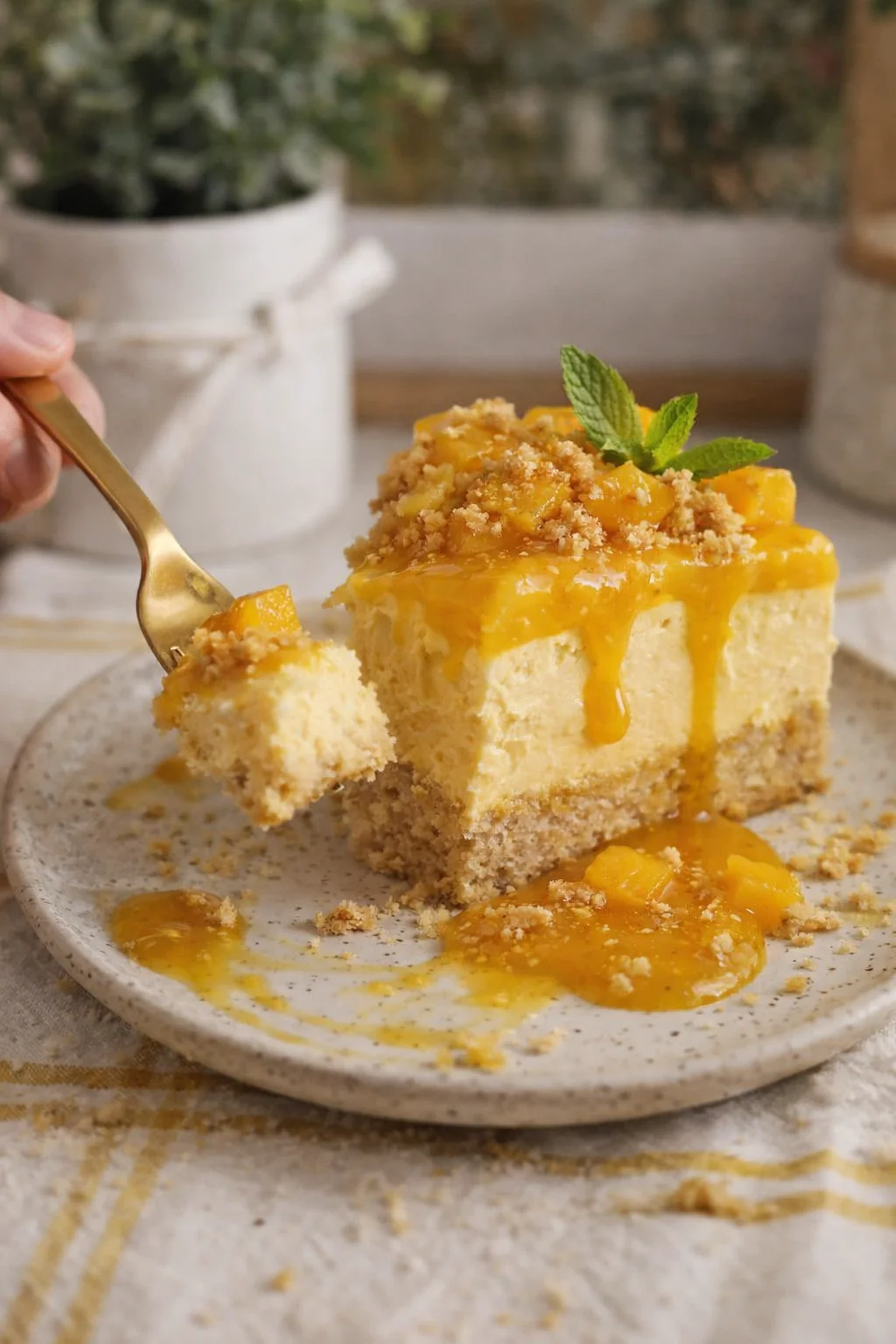 slice of mango-cheesecake with glaze, crumb topping, mint on a speckled plate