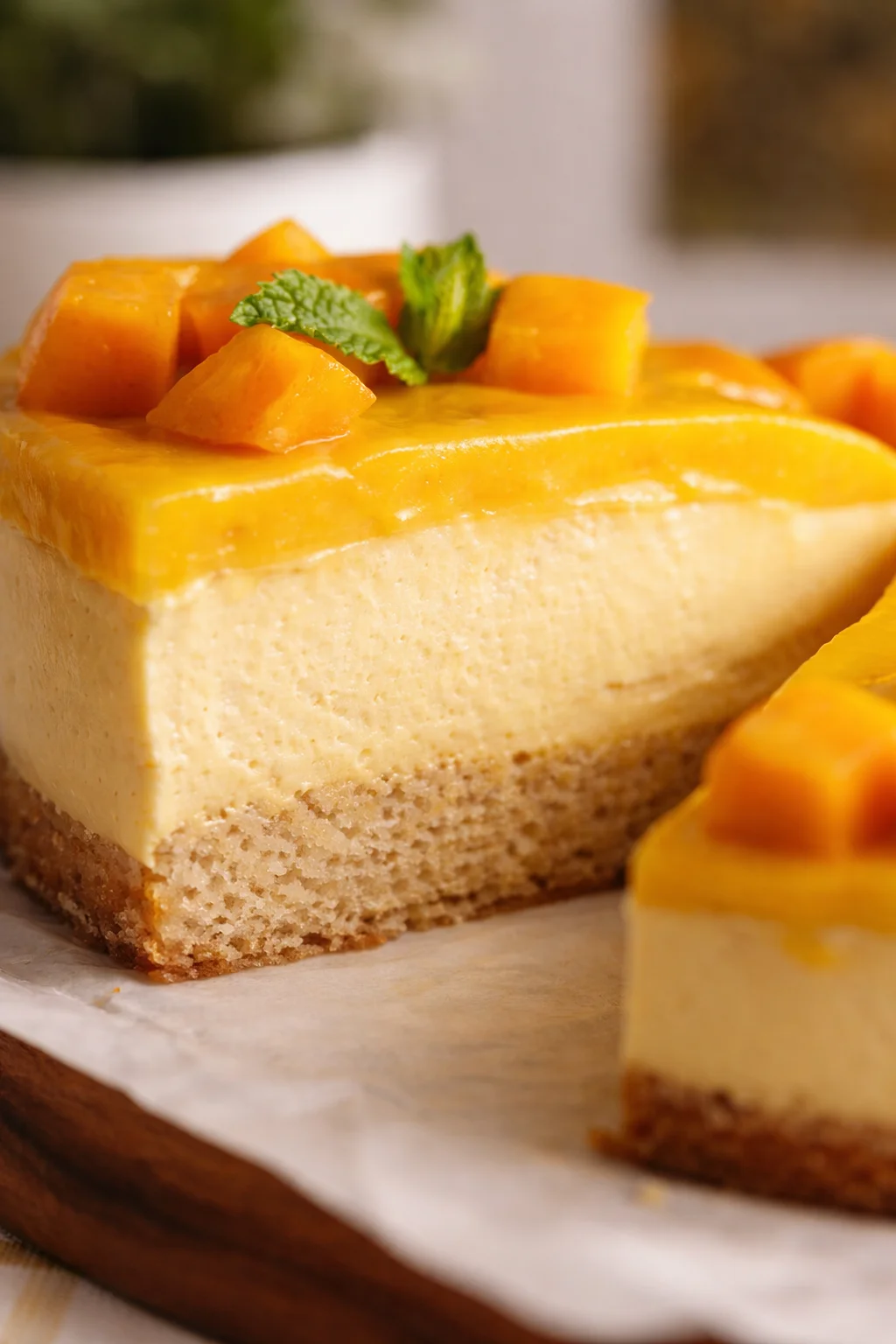 Close-up of a mango cheesecake slice topped with mango cubes and a mint leaf.