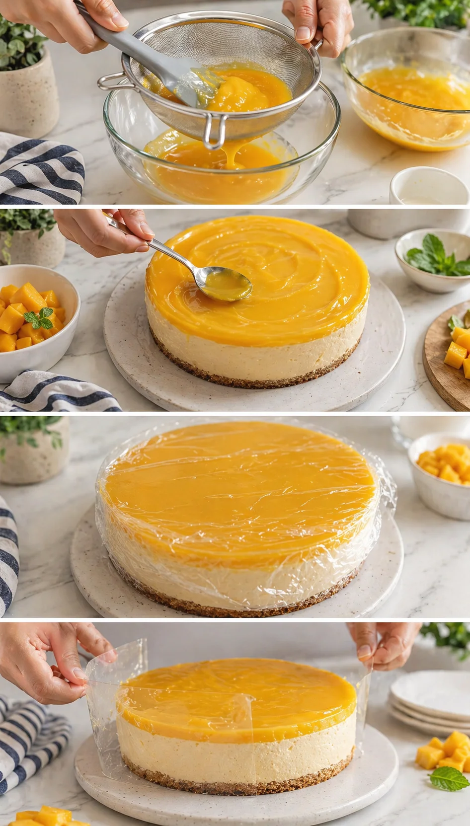 Step-by-step mango cheesecake being prepared: glaze poured, cake set, crust visible