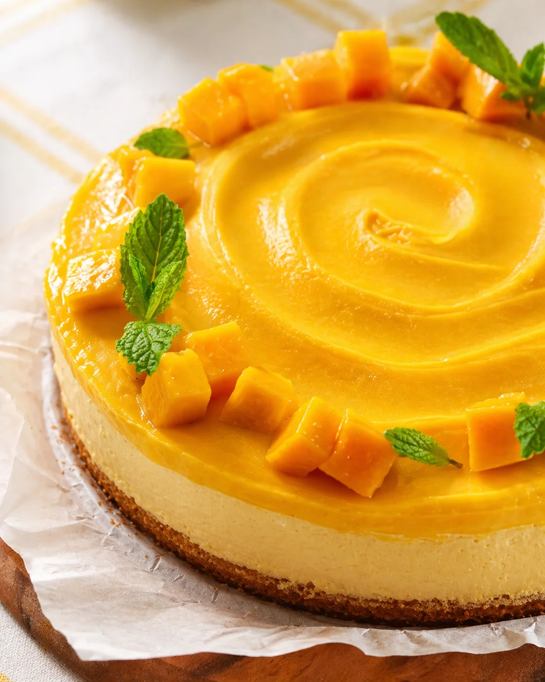 mango-glazed cheesecake topped with mango cubes and fresh mint on parchment paper