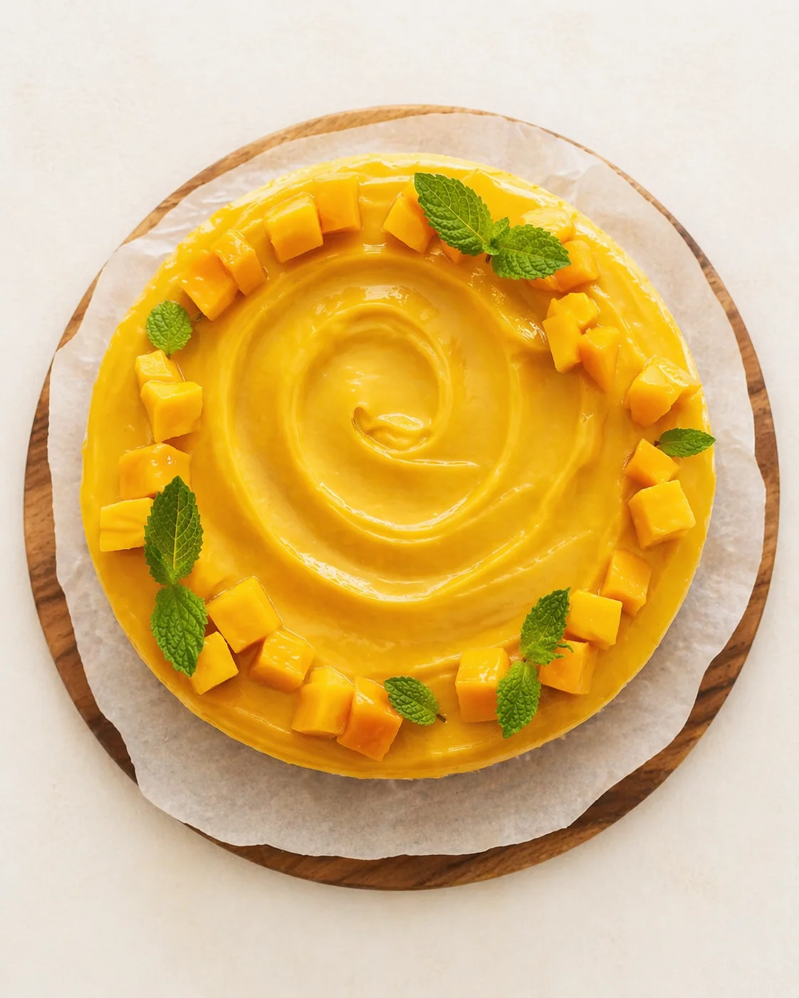 round mango-glazed cake with mango cubes and mint leaves on parchment