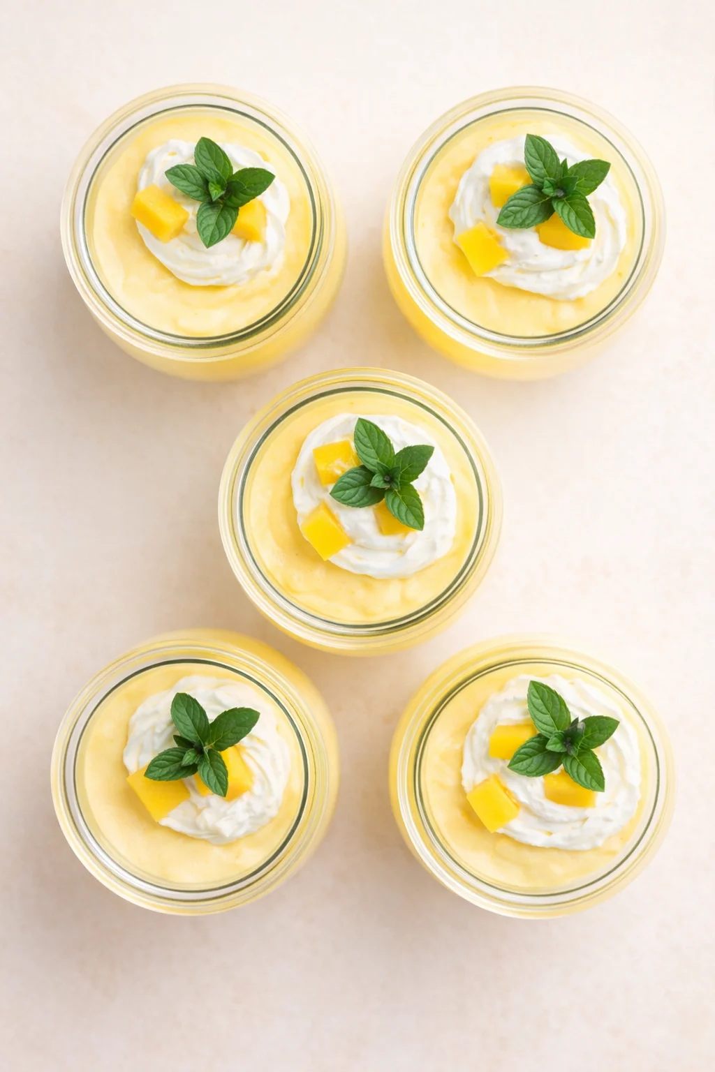 Six glass jars of mango mousse with whipped cream, mango cubes, and mint garnish.