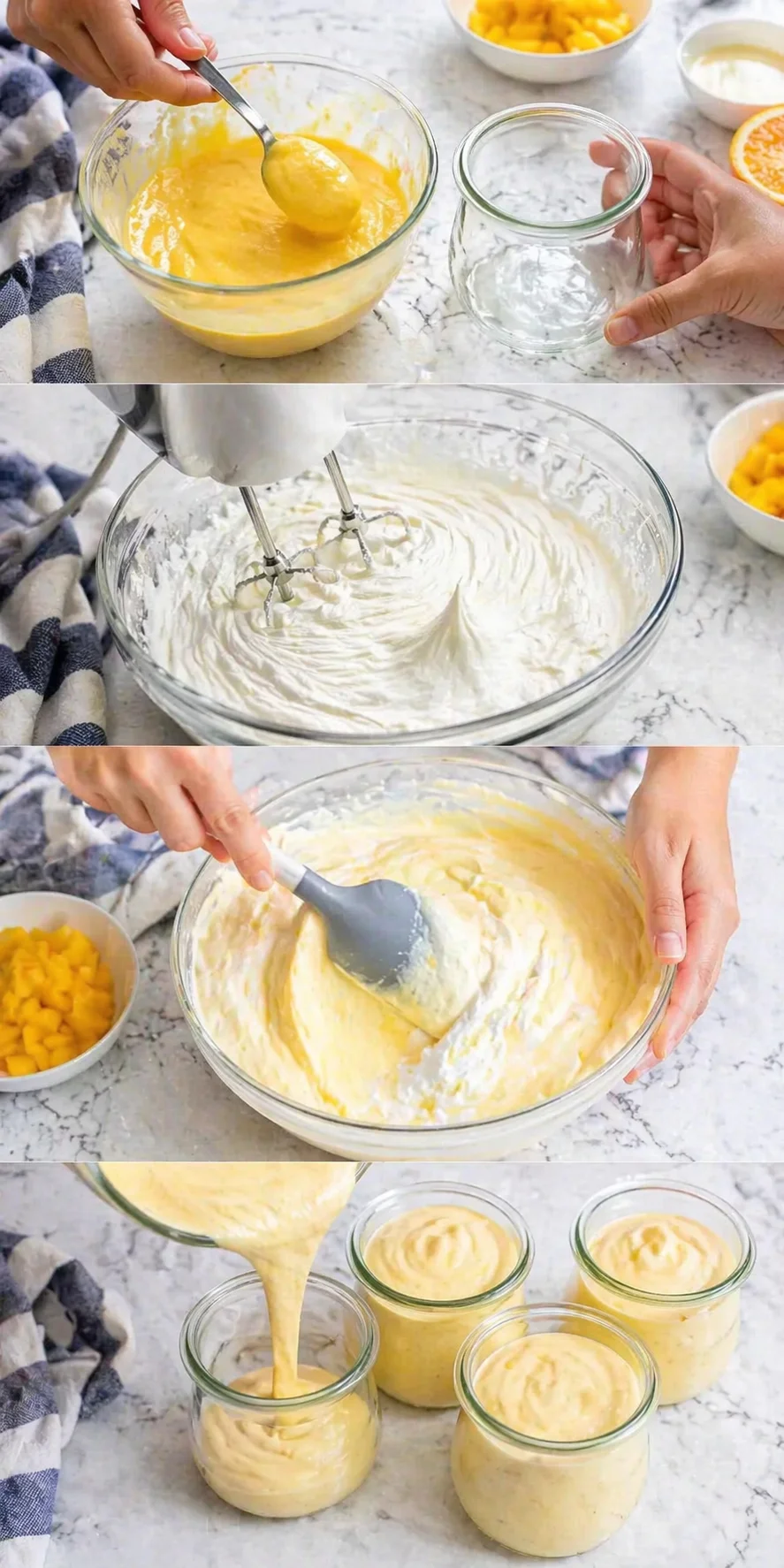 Collage showing mango mousse being prepared: batter, whisking, folding, and filling small glass jars on a marble countertop.