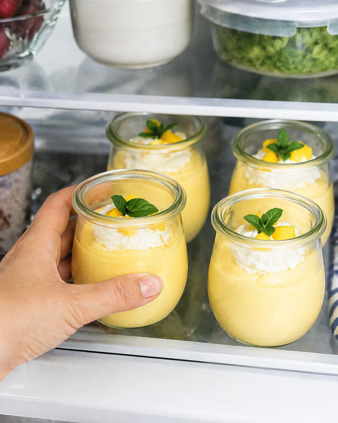 small glass jars of mango mousse topped with whipped cream, mint, and mango cubes.