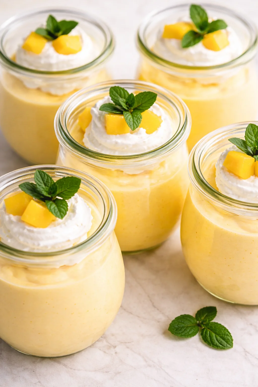 Mango mousse in clear jars topped with whipped cream, mango cubes, and mint leaves.