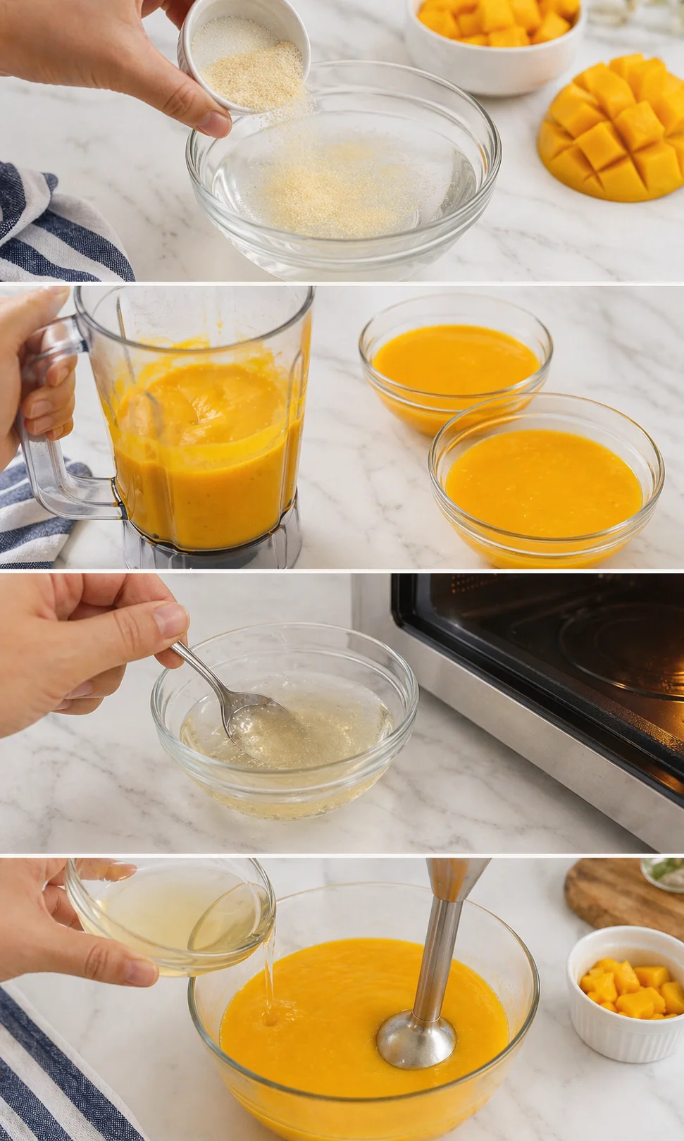 Collage of mango prep showing sugar sprinkle, blender mango puree, and diced mango nearby.
