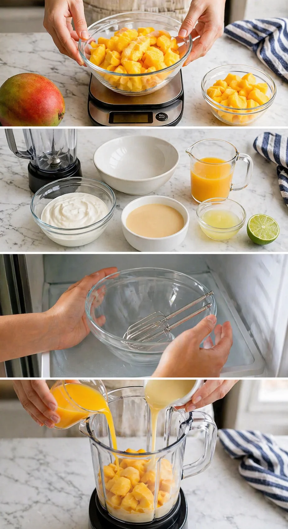 Bright kitchen collage showing mango chunks, yogurt, lime, and juice ready for a smoothie.