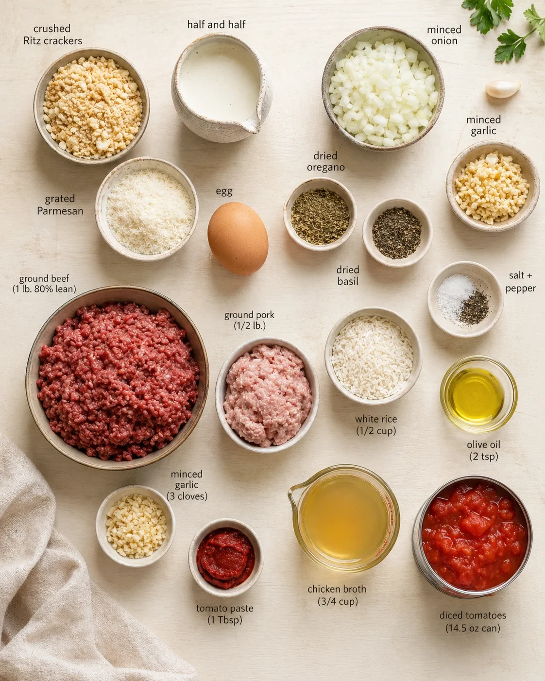 Top-down view of labeled bowls with beef, pork, rice, tomatoes, and seasonings