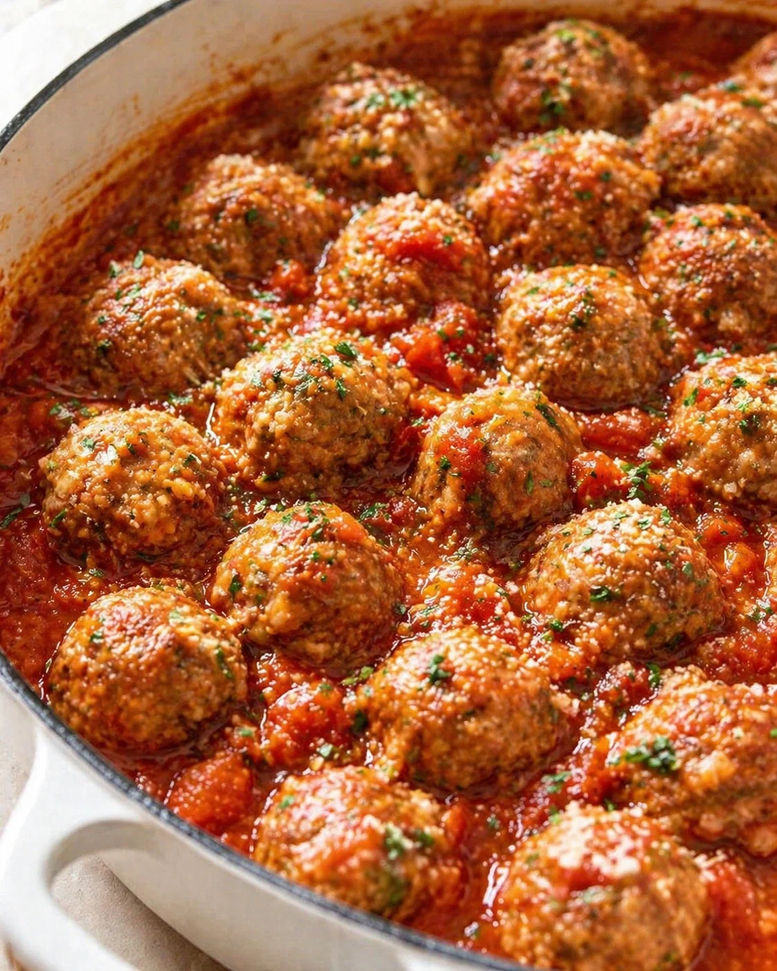Meatballs simmering in tomato sauce in a white enamel skillet with herbs.