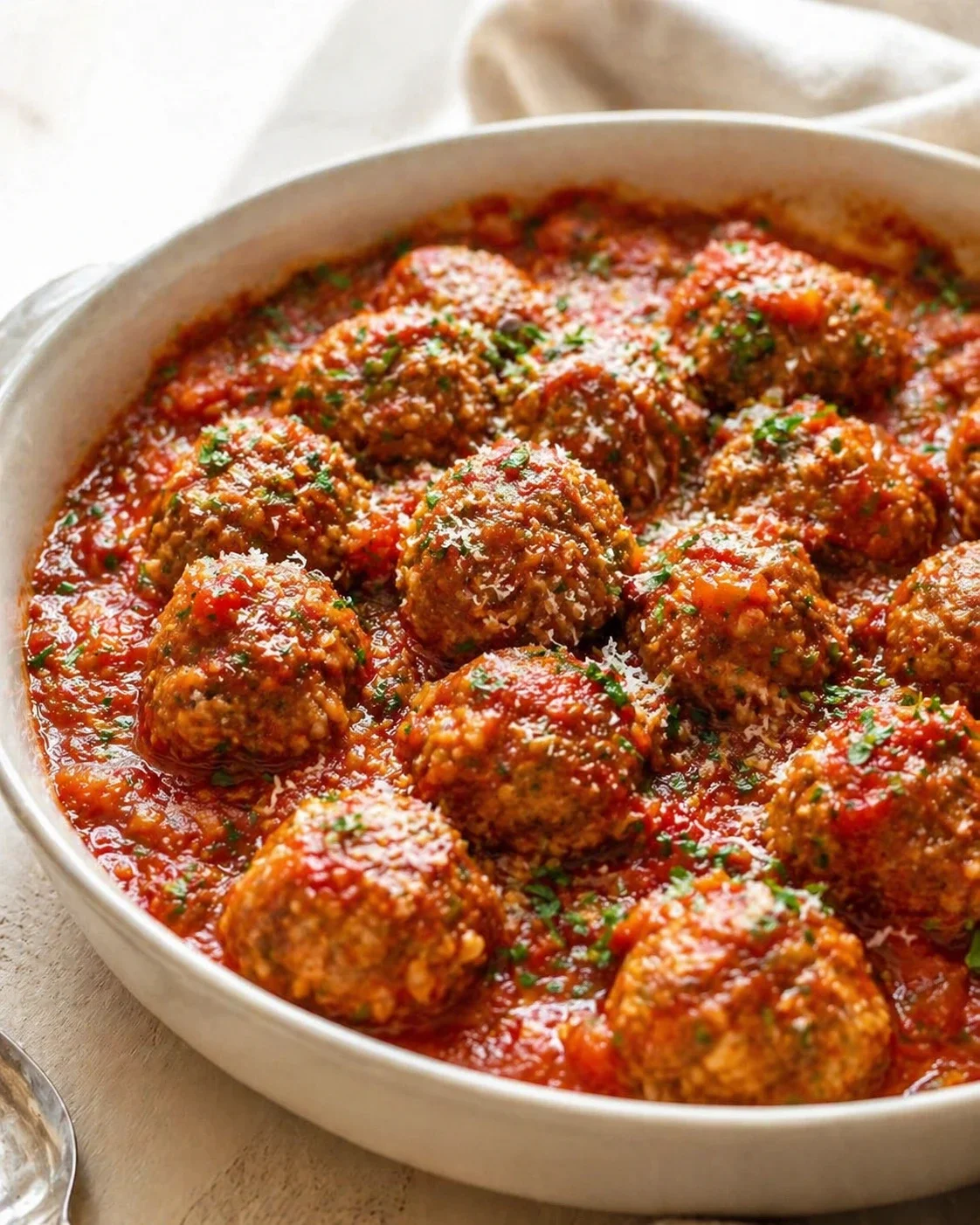 meatballs simmering in chunky tomato sauce, garnished with parsley in a white baking dish.