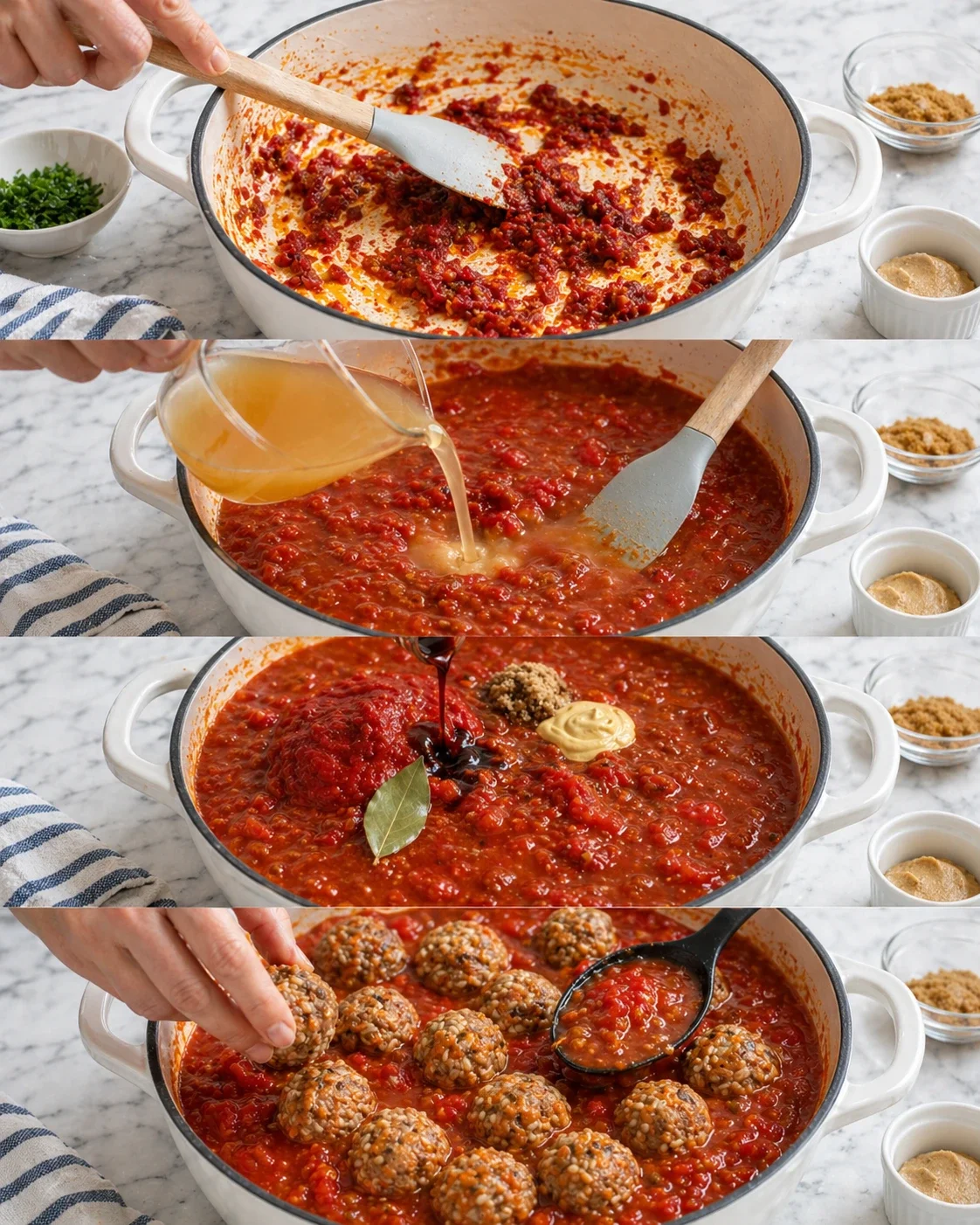 Four-panel shot of meatballs cooking in tomato sauce, with broth added and bay leaf.