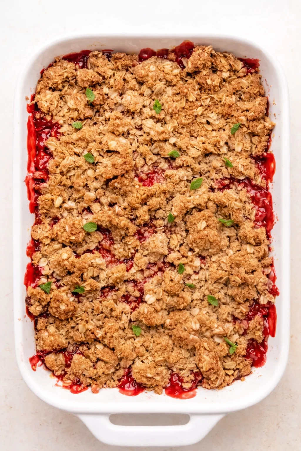 white ceramic baking dish filled with a golden-brown berry crumble, almond flakes, mint garnish, and red fruit filling