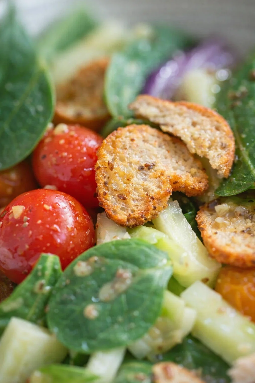 Close-up of a fresh salad with cherry tomatoes, crispy croutons, and mixed greens.