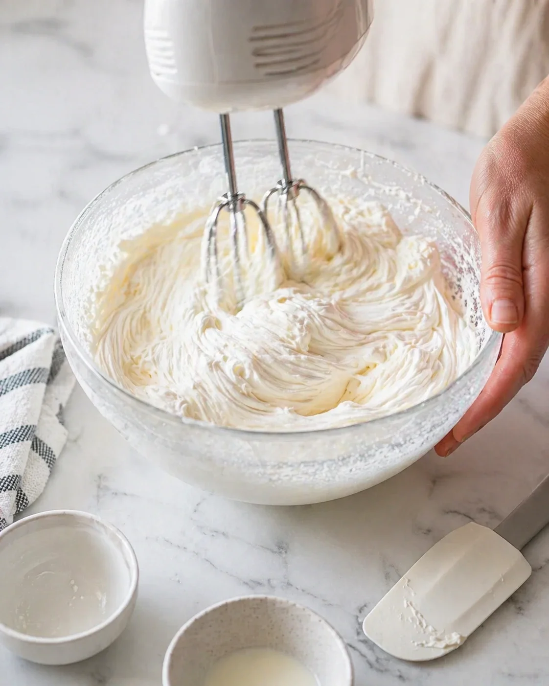 Hands whisking thick batter in a glass mixing bowl on a marble countertop