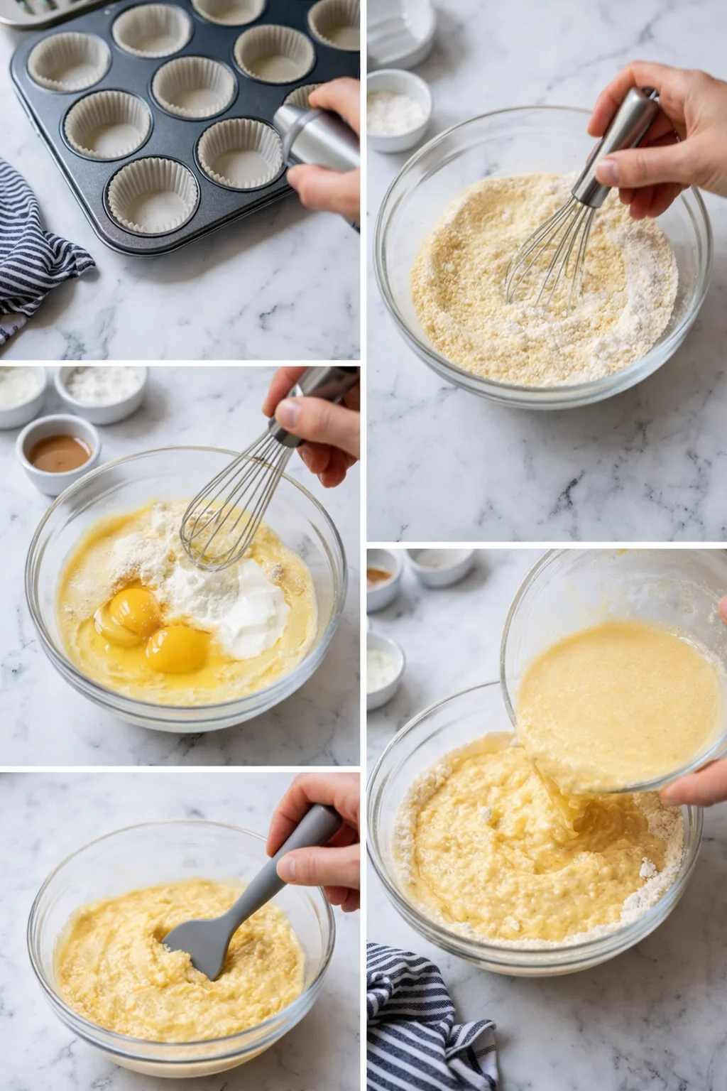 Collage of muffin-batter prep steps: empty muffin tin, whisking dry mix, and adding eggs.