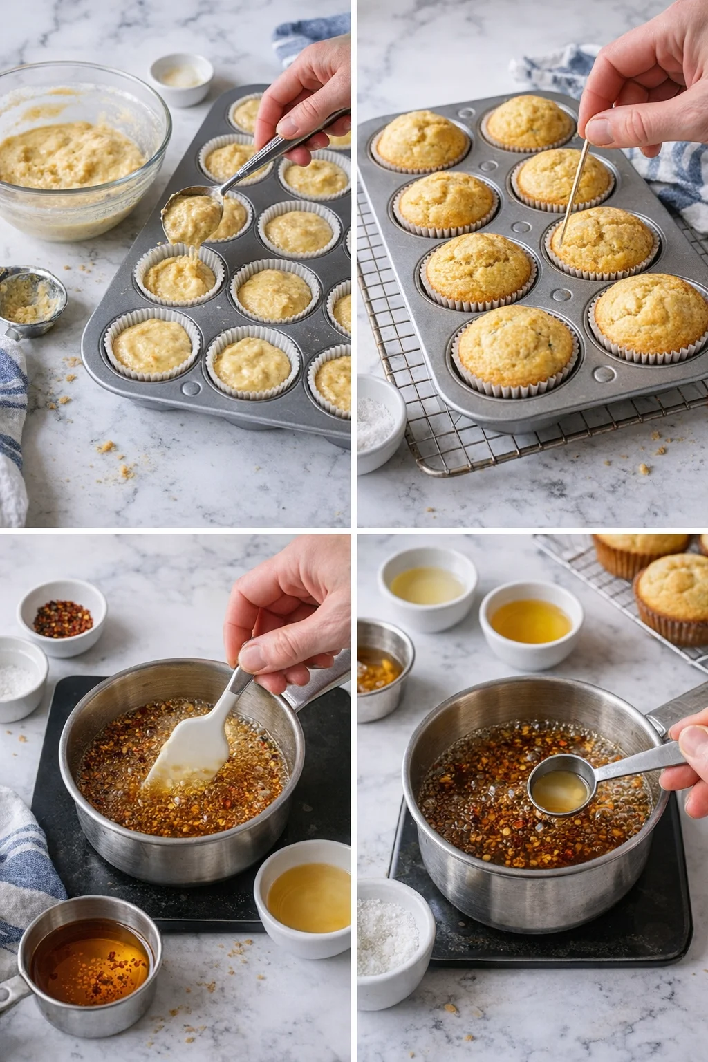 collage of hands filling muffin cups, baking muffins, and whisking a chili-infused glaze