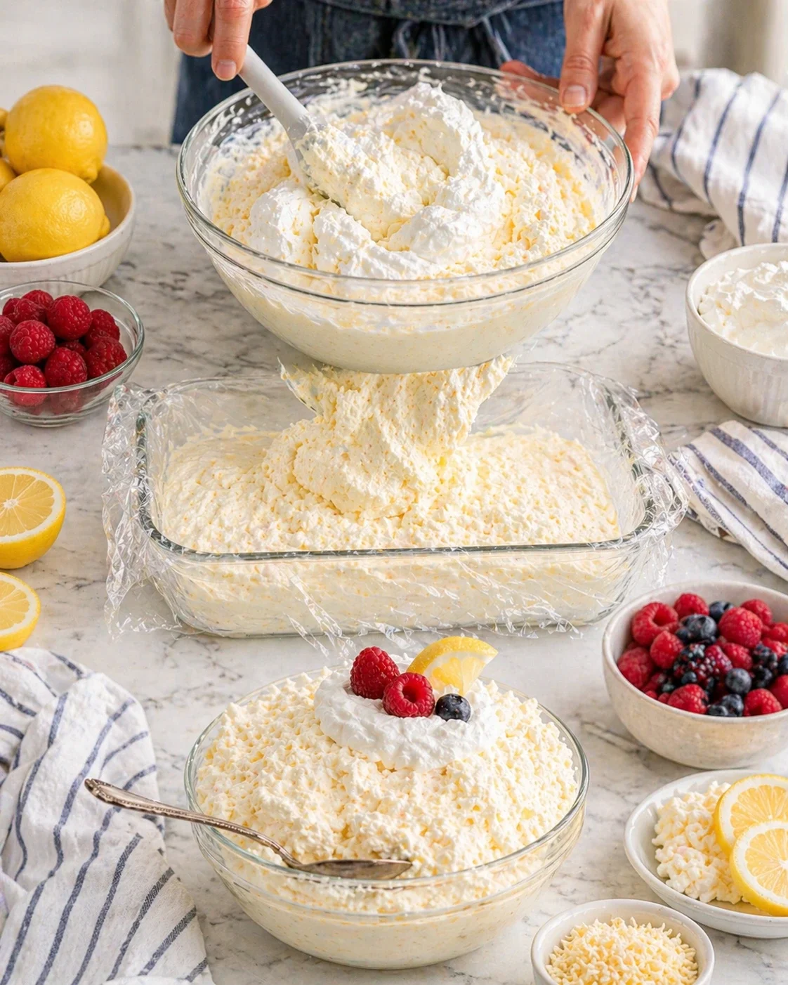hands pour whipped lemon cheesecake mixture into a glass pan, with lemons and berries nearby.