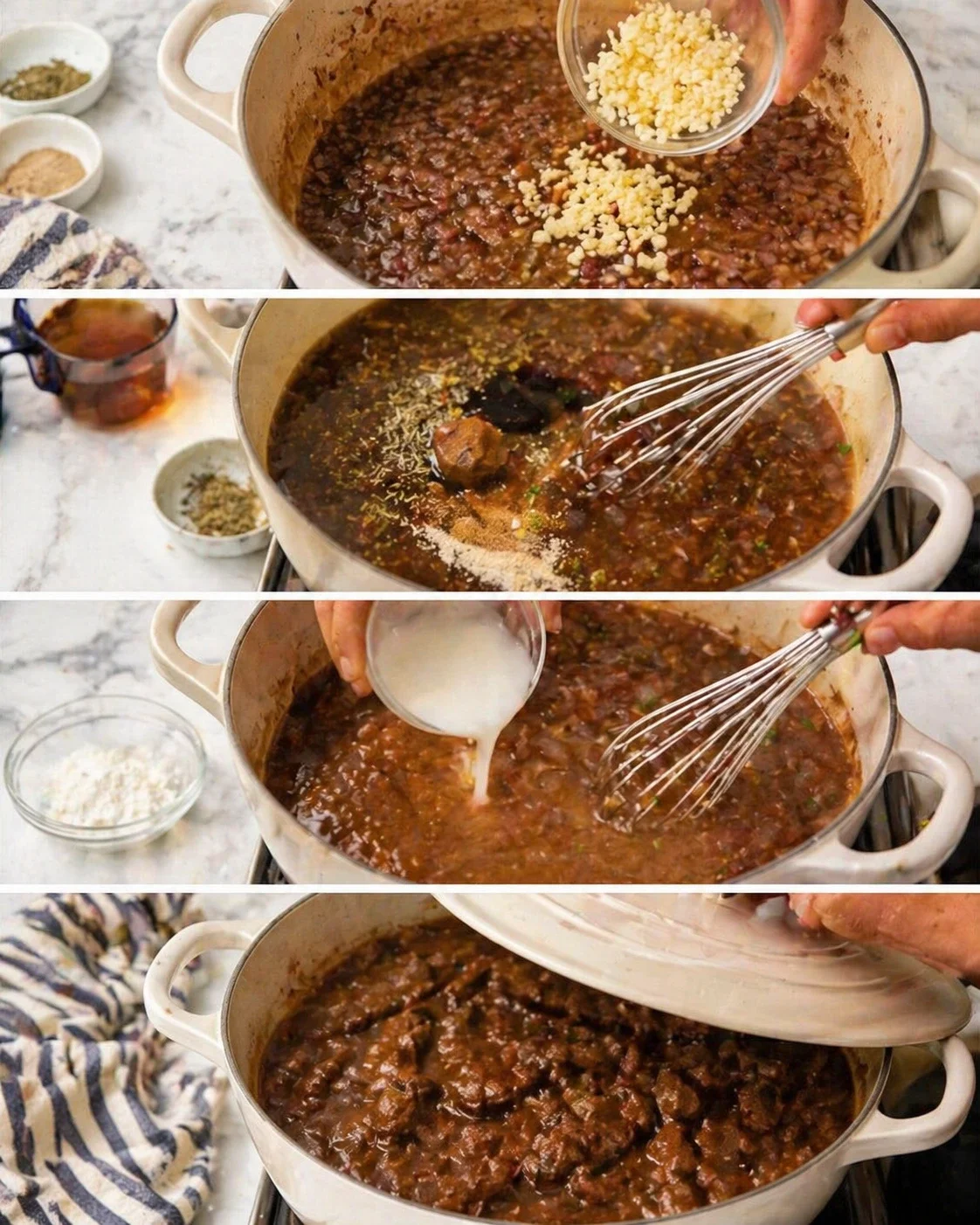 collage showing steps of beef stew being prepared in a white pot on marble counter