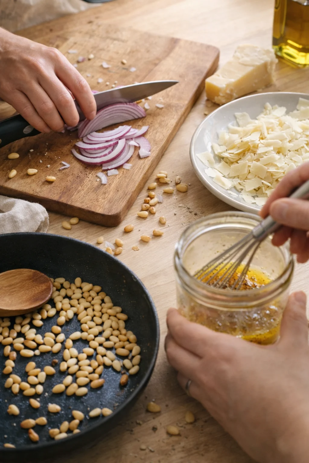 Close-up of hands slicing red onion on a wooden board, with pine nuts, shaved cheese, and whisked dressing nearby.