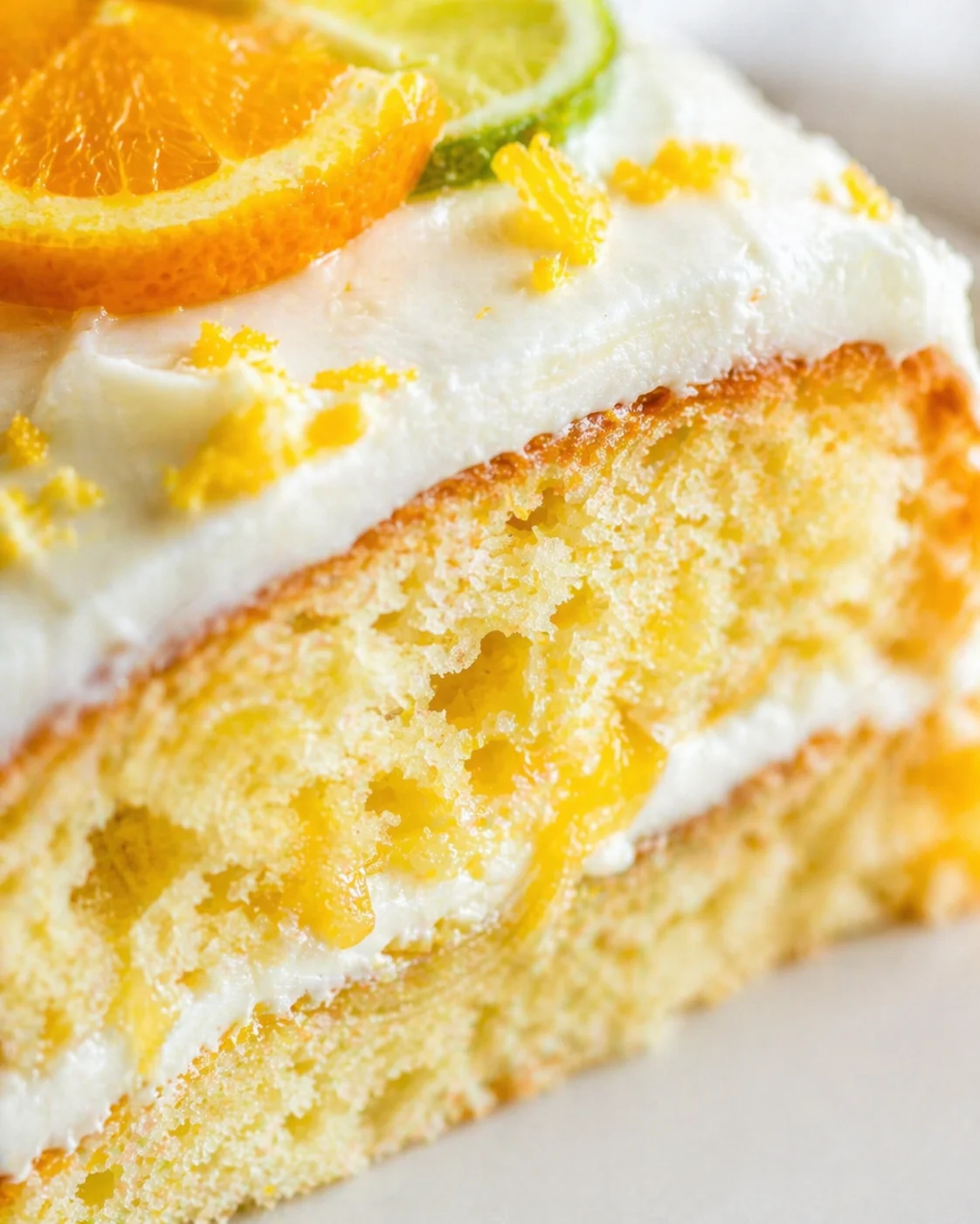 Close-up of a citrus cake slice with white frosting, orange garnish, and zest.