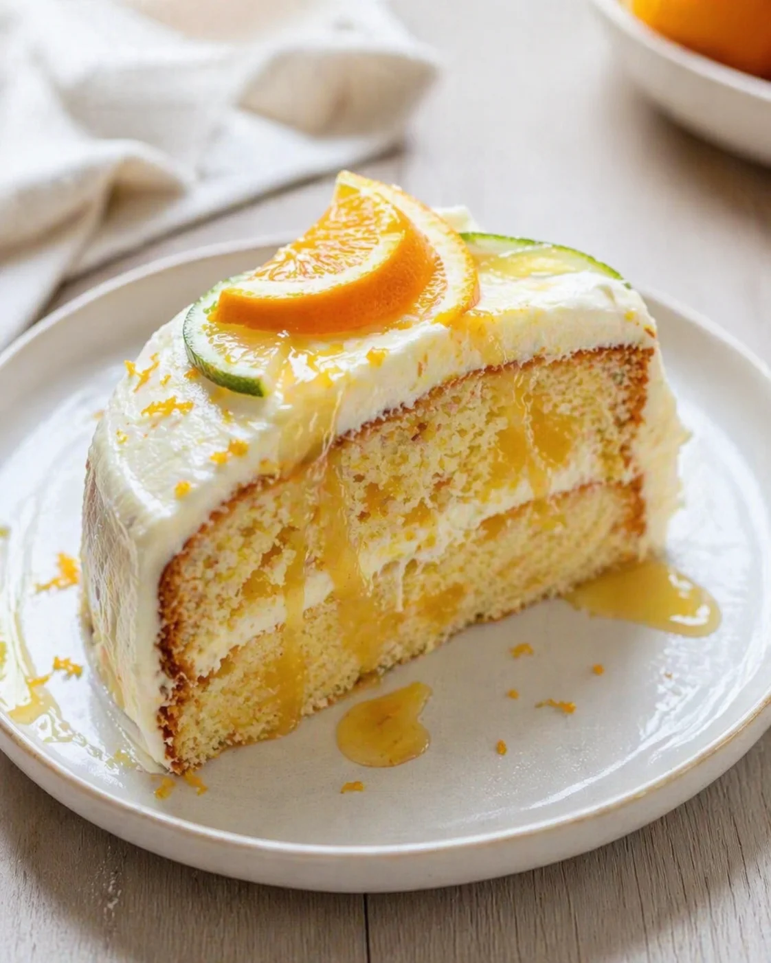 slice of vanilla-layer cake with white frosting, orange glaze, and orange-lime citrus slices on a white plate