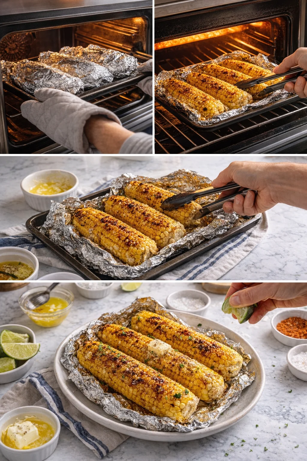 three ears of corn on foil-lined baking sheet, toasted and brushed with butter, turned with tongs in an oven.