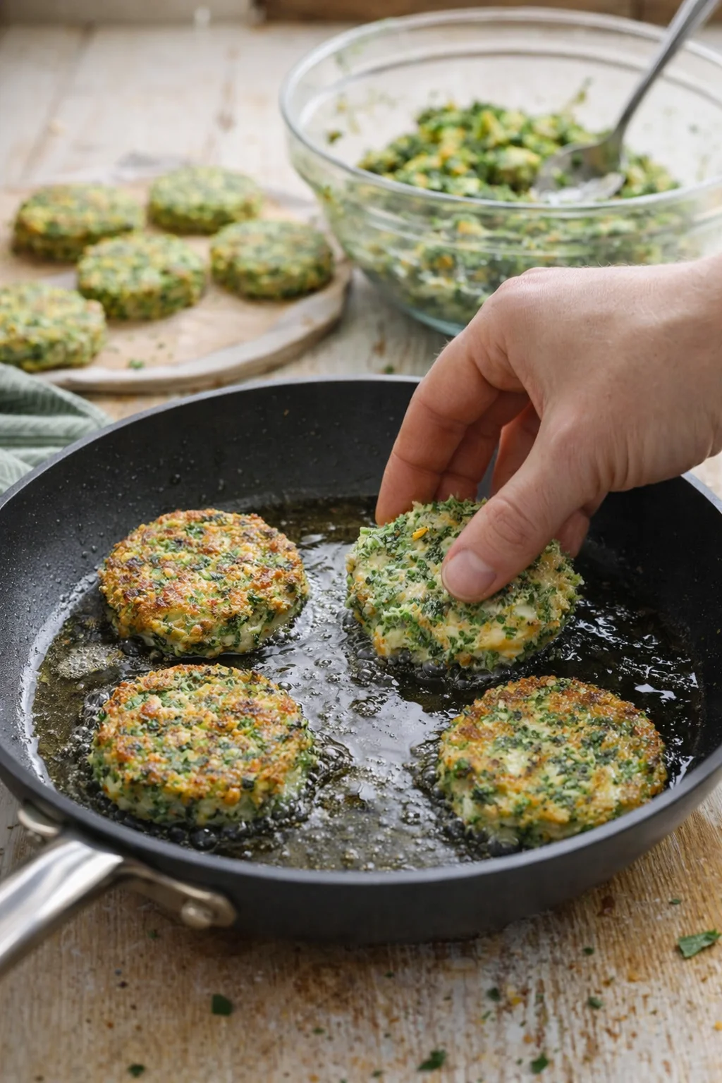 hand lifting a crispy green-herb fritter from a sizzling pan as a bowl of herby mixture sits in the background