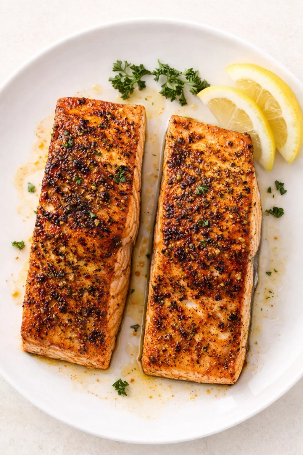 Two pan-seared salmon fillets with a herb crust on a white plate, lemon wedges and parsley.