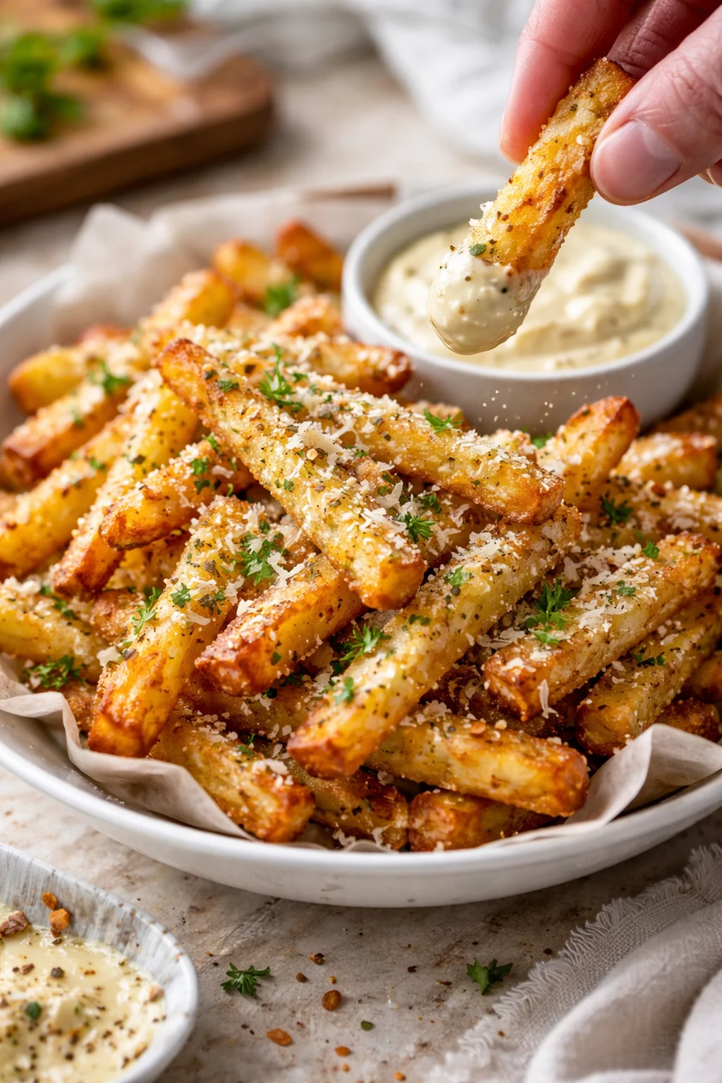 Pile of golden fries topped with cheese and herbs, with a creamy dipping sauce nearby.