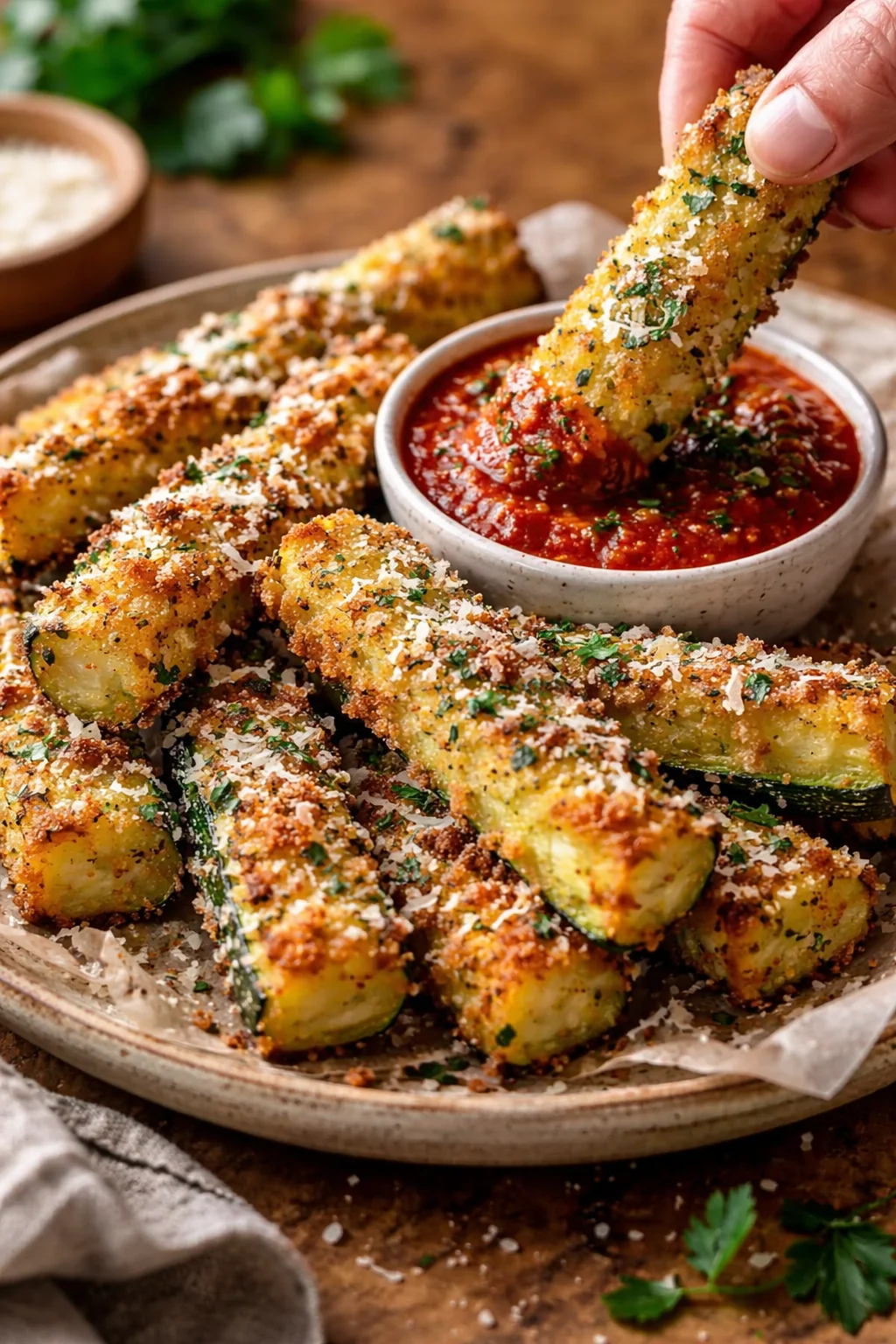 crispy parmesan-crusted zucchini fries arranged on a plate with a bowl of marinara for dipping