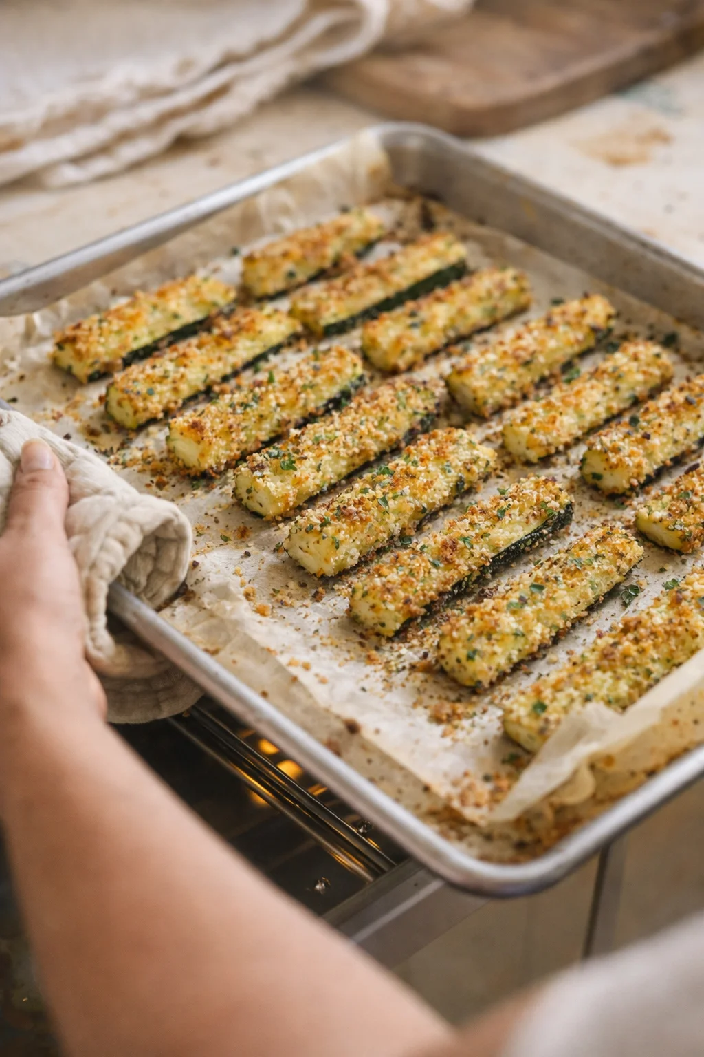 Tray of golden parmesan-crusted zucchini sticks on parchment, being removed from the oven.