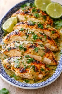 Grilled chicken breasts with melted cheese and parsley on a blue plate with lime wedges