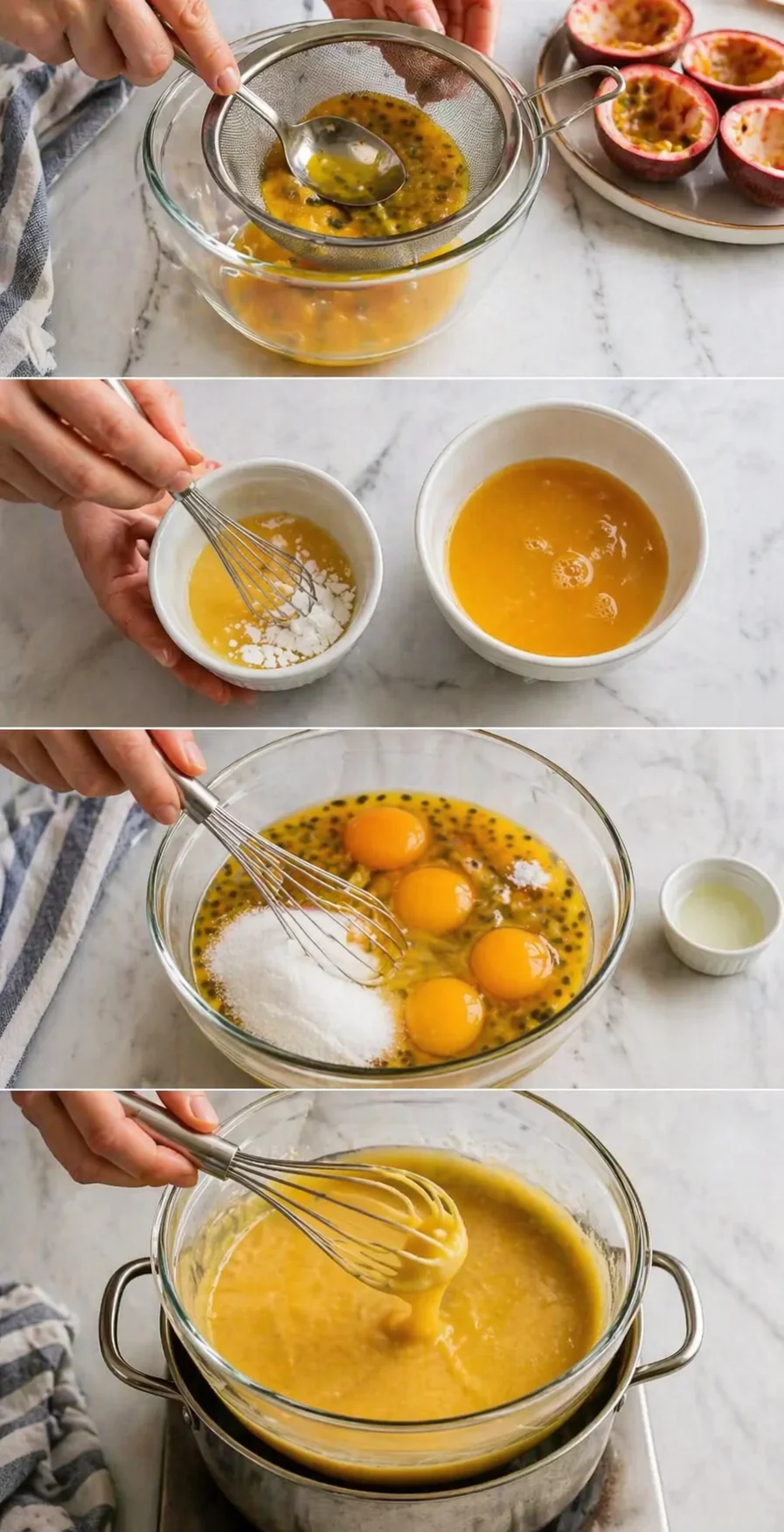 collage showing step-by-step passion-fruit batter preparation: straining juice, whisking dry ingredients, beating eggs, and simmering batter.