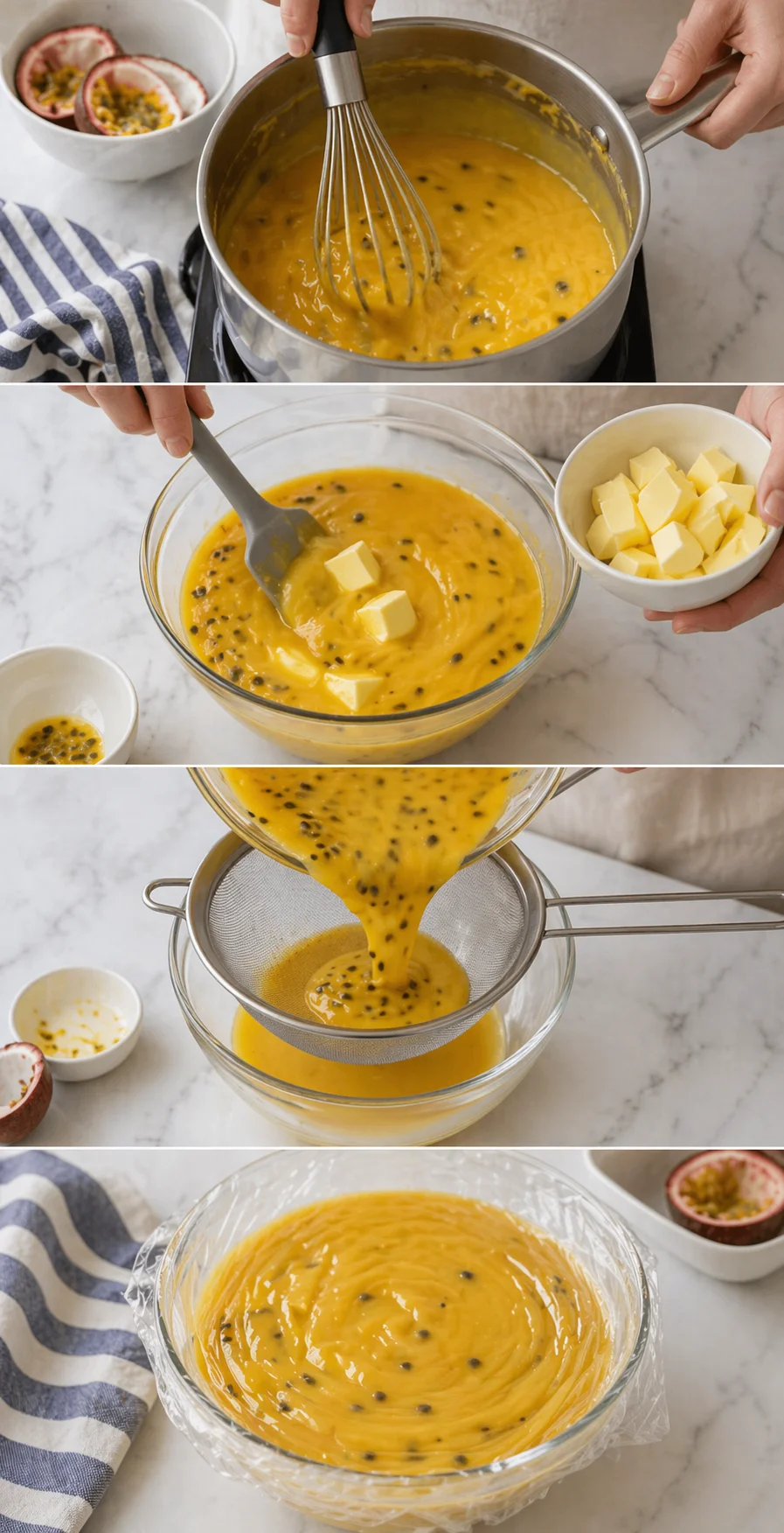 Series of shots showing whisking yellow passion-fruit curd, adding butter, and straining.