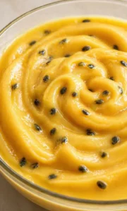 Glossy yellow passion-fruit curd swirled in a glass bowl, dotted with black seeds.