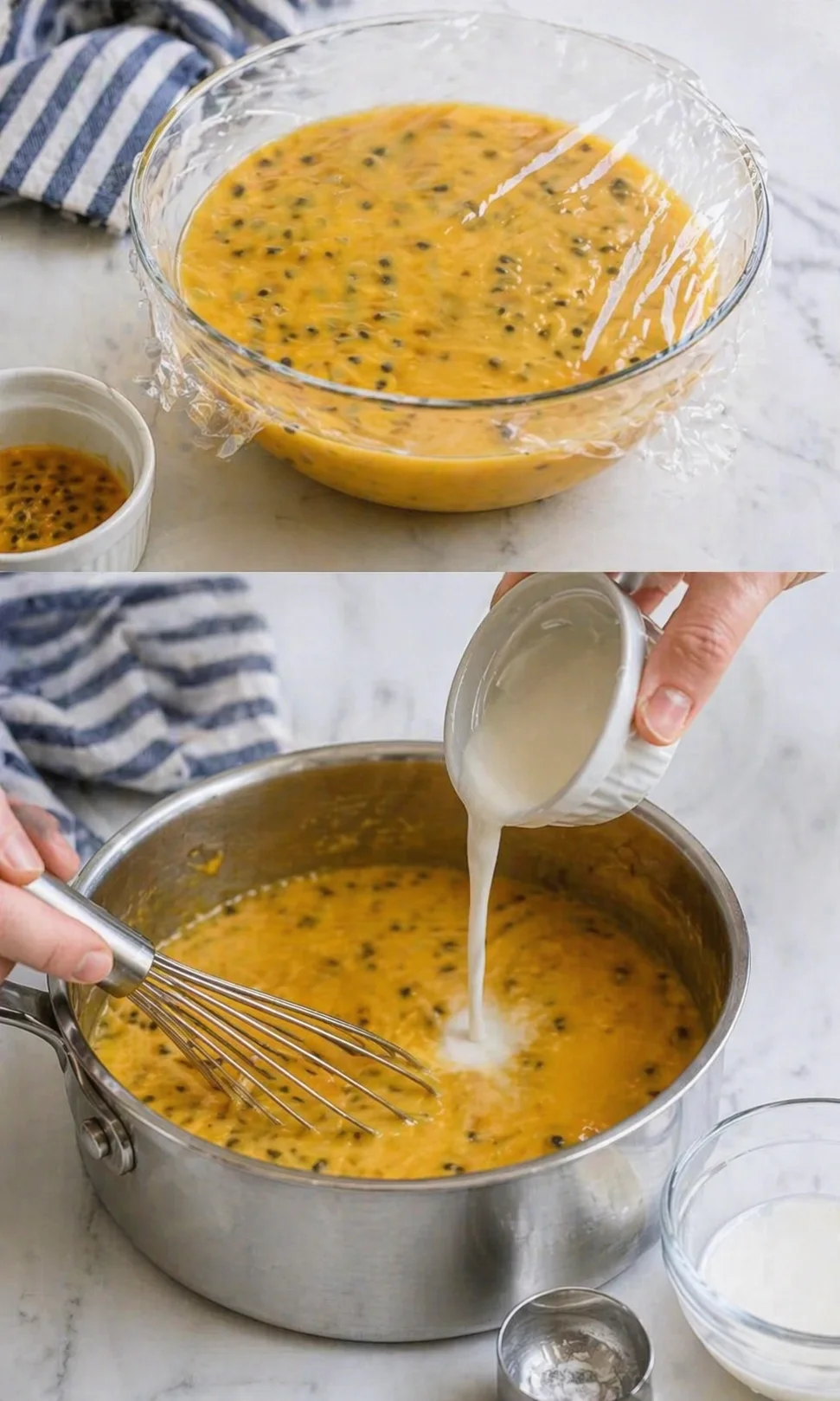 Two-panel collage showing passion-fruit curd preparation: a covered bowl and milk being poured into a pot.
