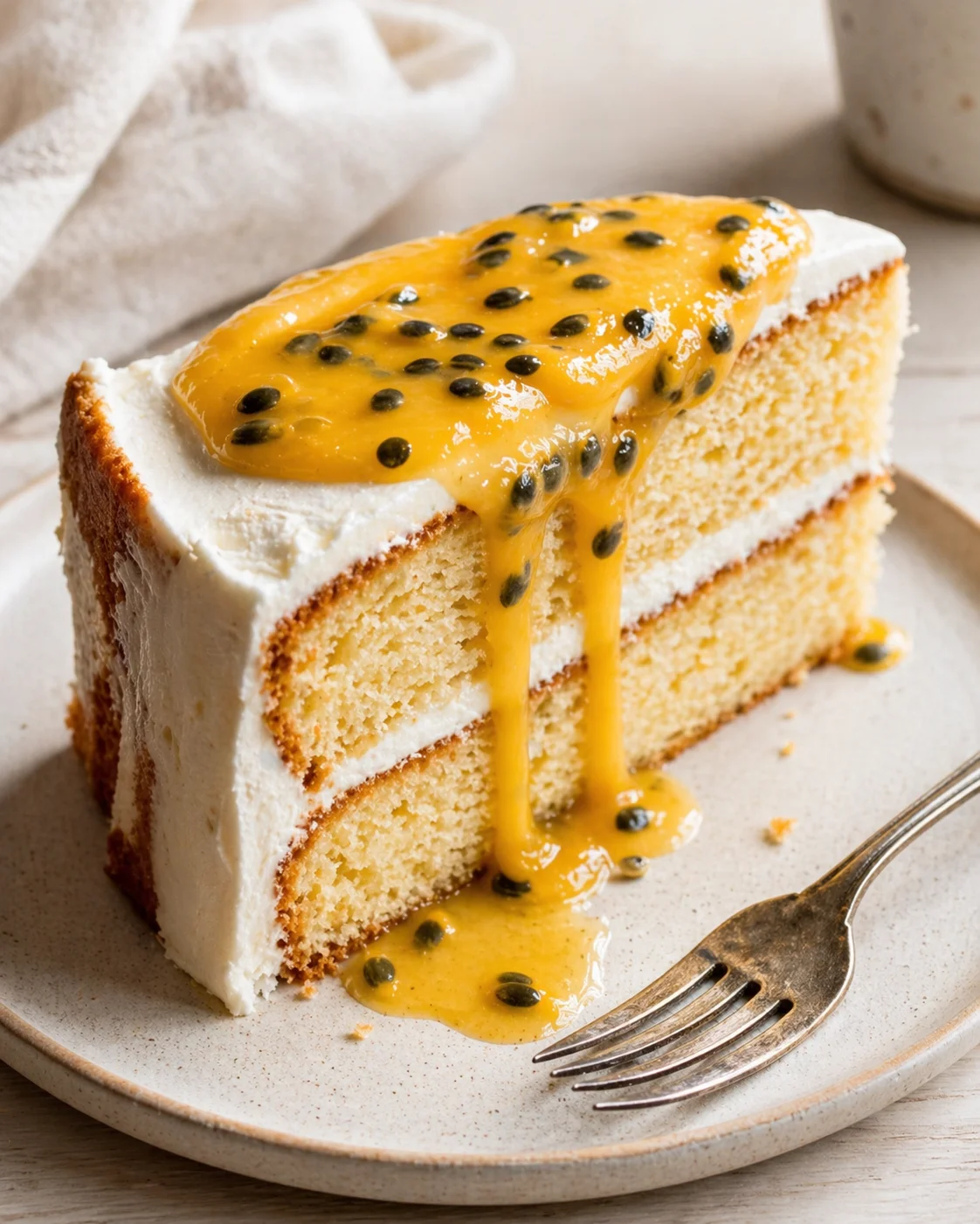 vanilla sponge cake with white frosting topped with passion fruit sauce and seeds on a plate.