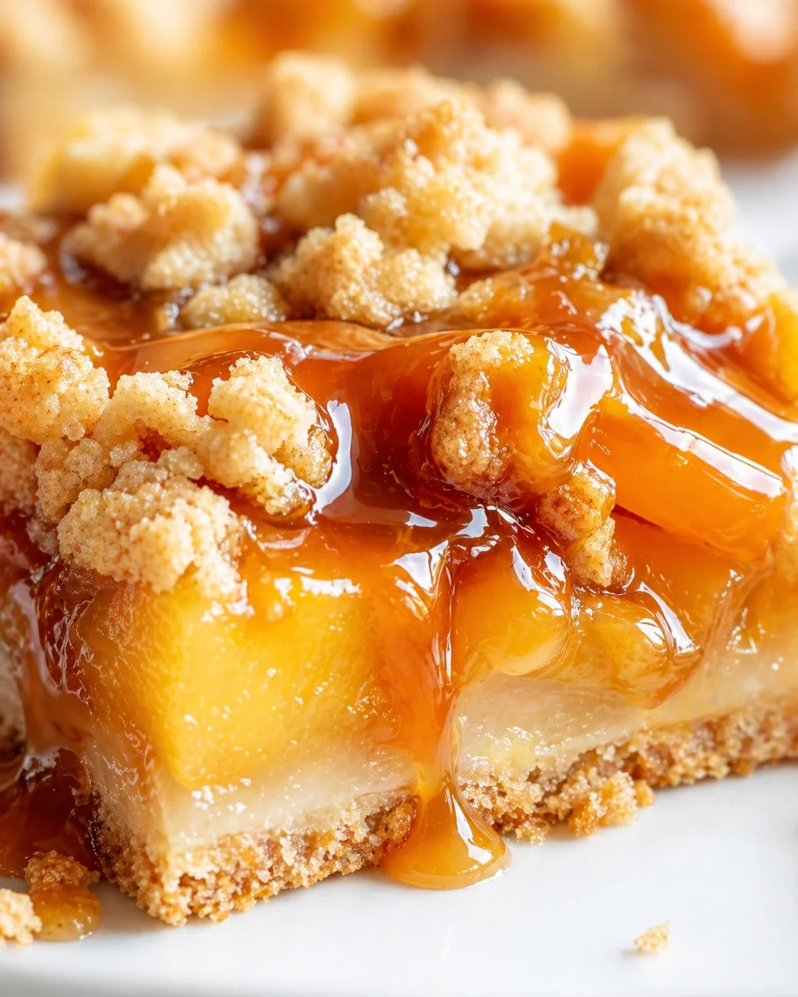 close-up of peach caramel crumble bar with gooey caramel over a crumb crust