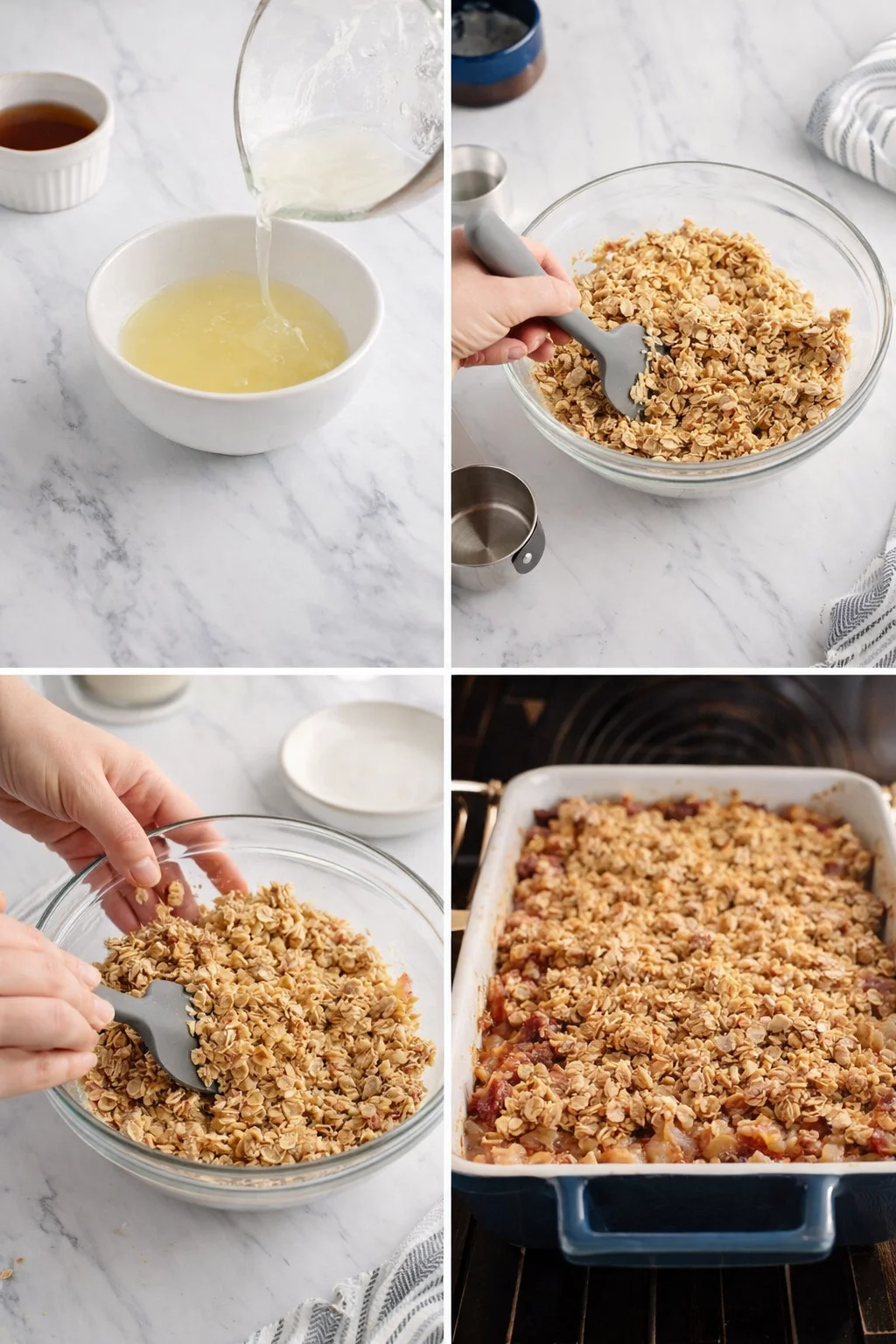collage showing steps to assemble peach oat crumble: pouring liquid, mixing oats, baking.
