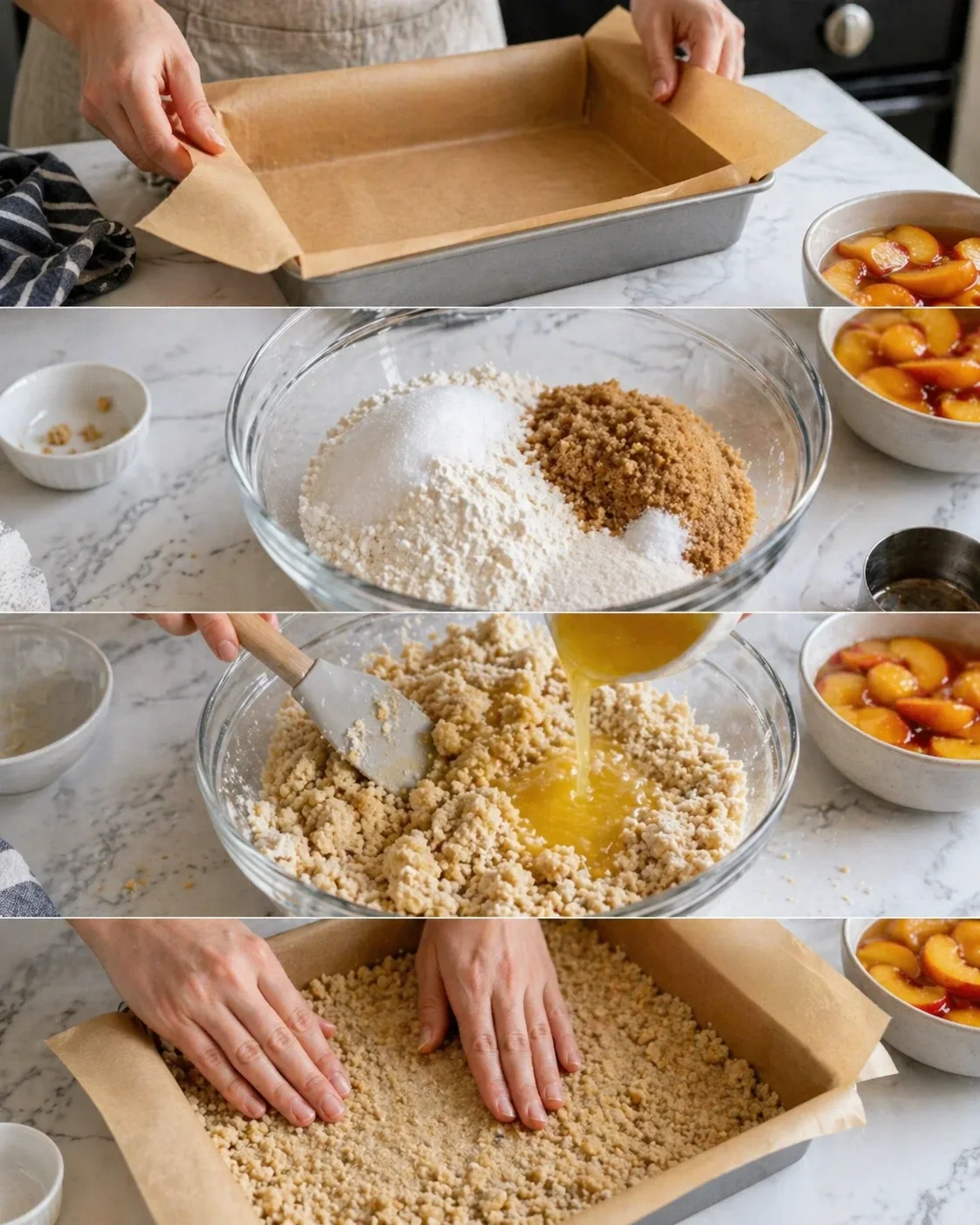 Hands lining a parchment-lined baking pan while bowls of peaches and dry ingredients sit nearby.