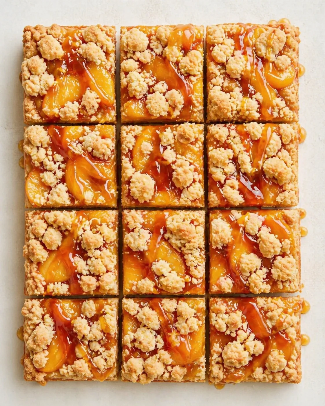 grid of peach crumble bars with caramel drizzle on a light background