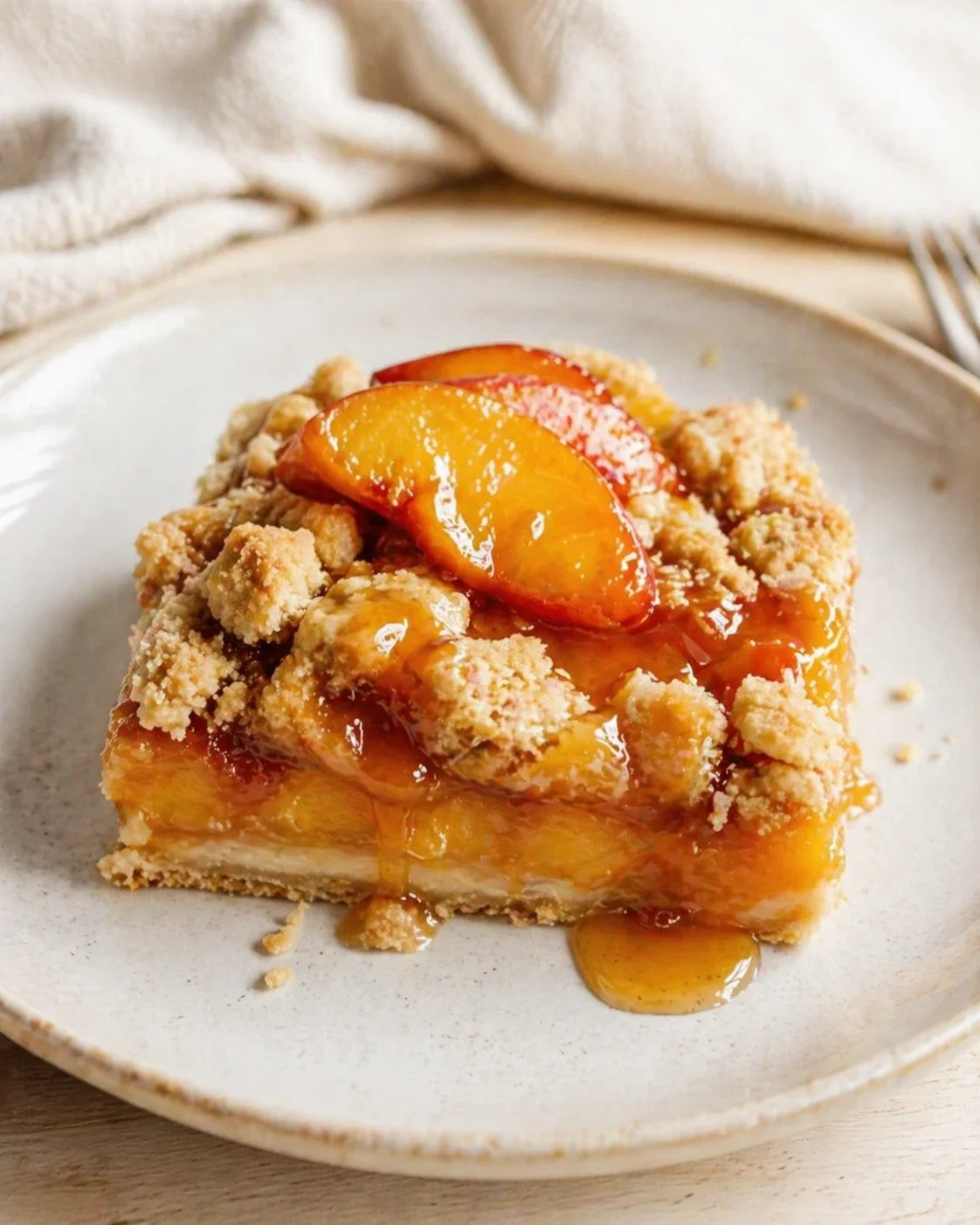 slice of peach crumble pie with glossy peaches and crumb topping on a beige plate