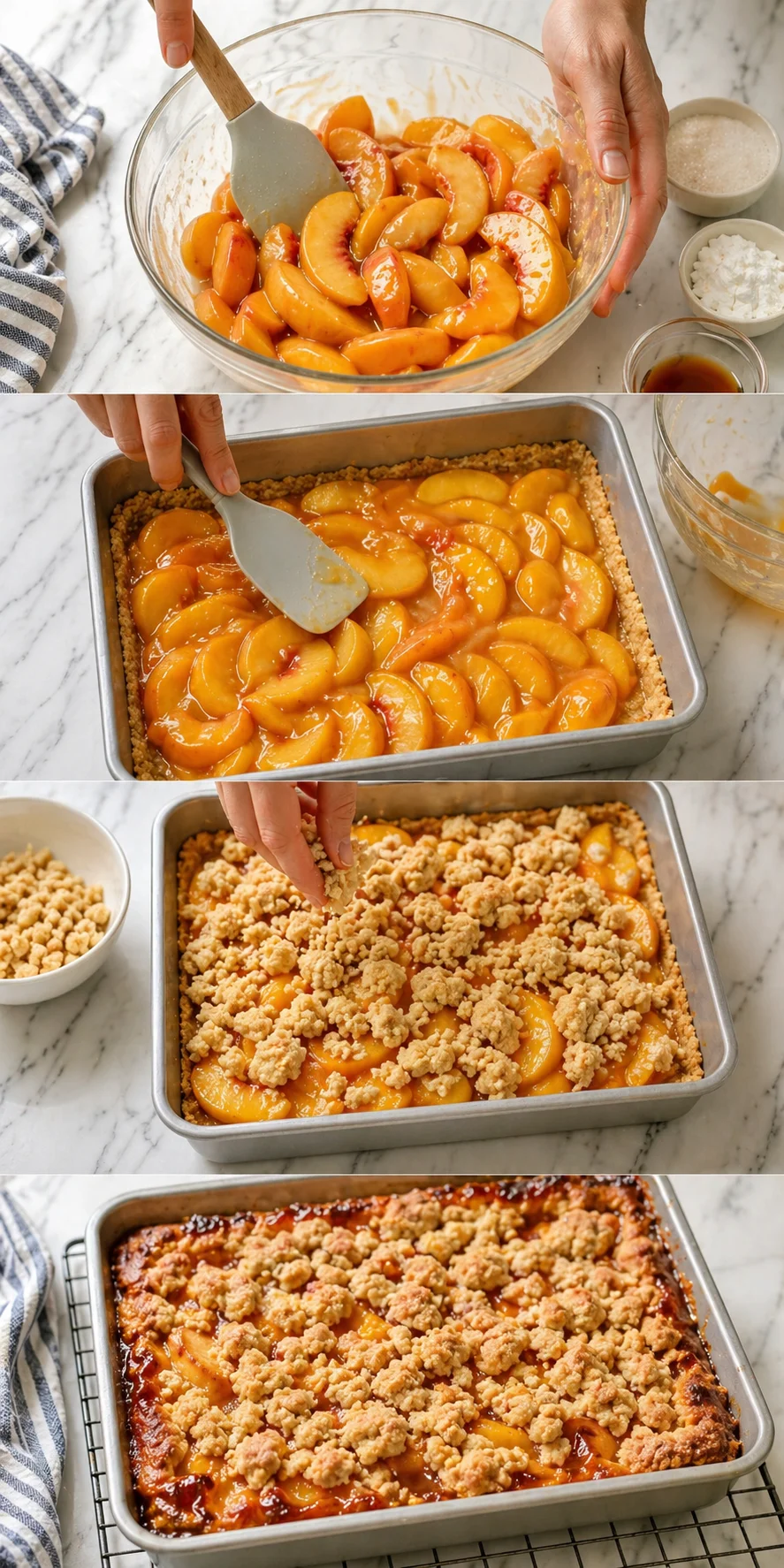 collage showing peach slices in syrup, then crumble topping, finally baked peach crumble.