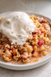 close-up of peach crumble with a scoop of vanilla ice cream in a bowl