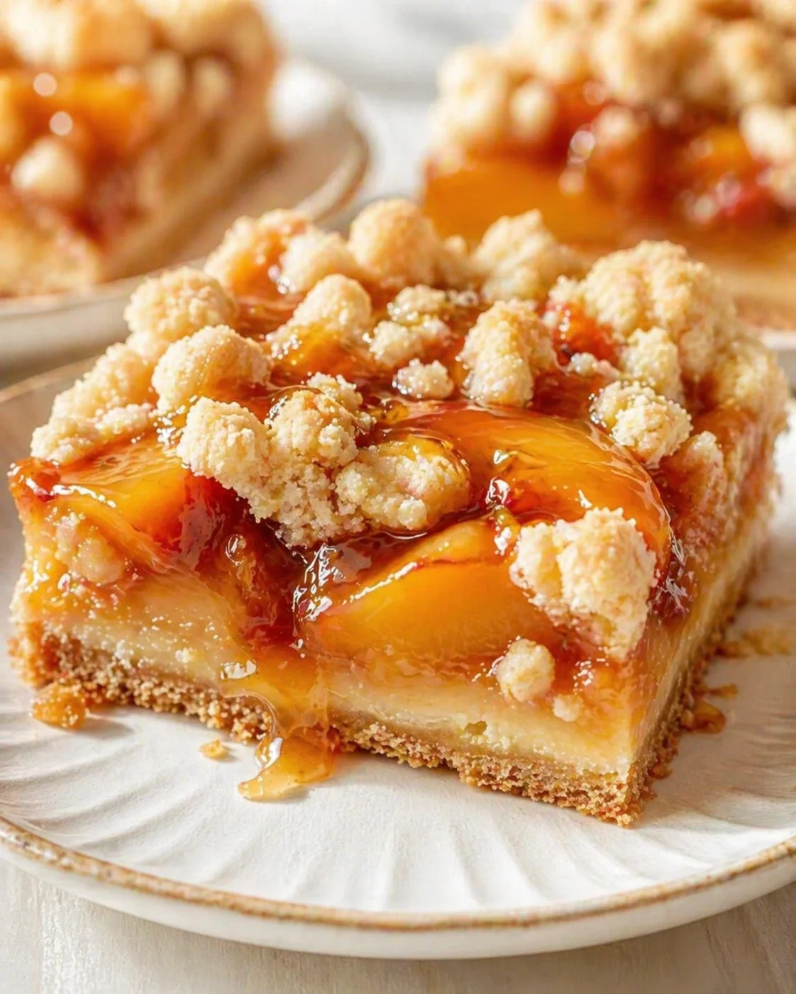 peach-glazed crumb-topped cheesecake bars on a white plate, close-up, delicious.