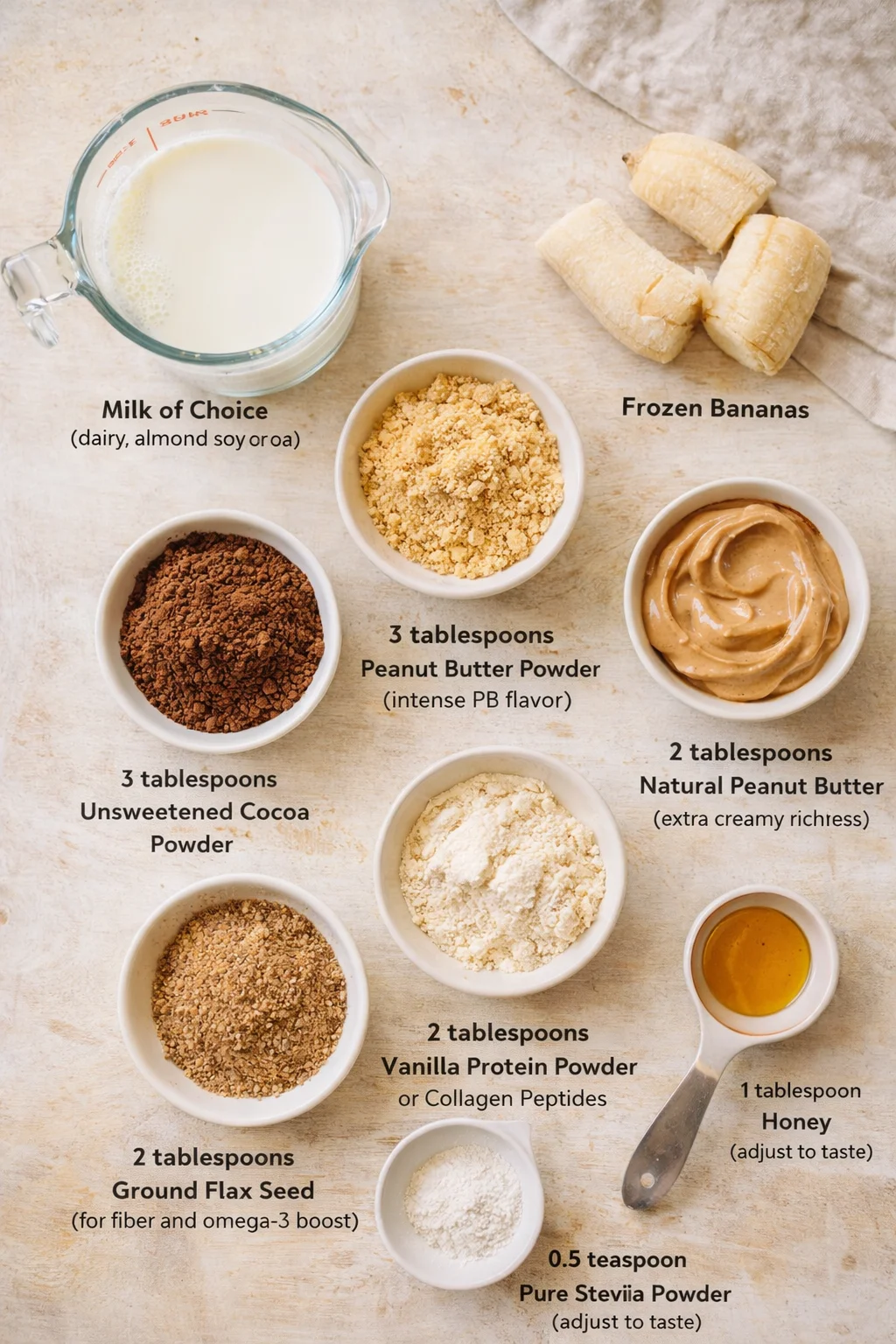 Overhead view of ingredient bowls and a measuring cup on a light wooden surface for a peanut-banana protein recipe.