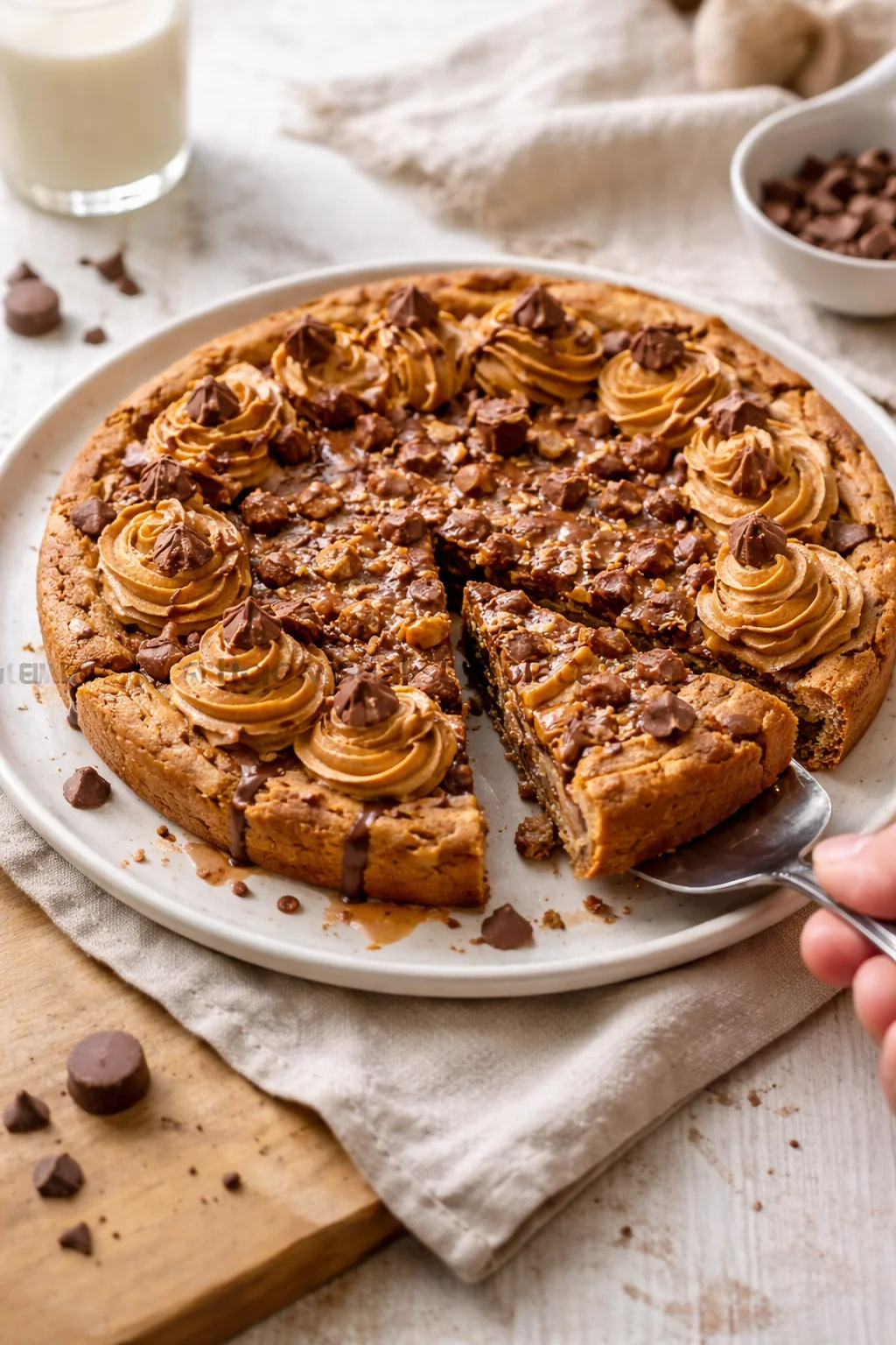 Large round peanut-butter cookie cake topped with frosting rosettes and chocolate chips on a white plate.
