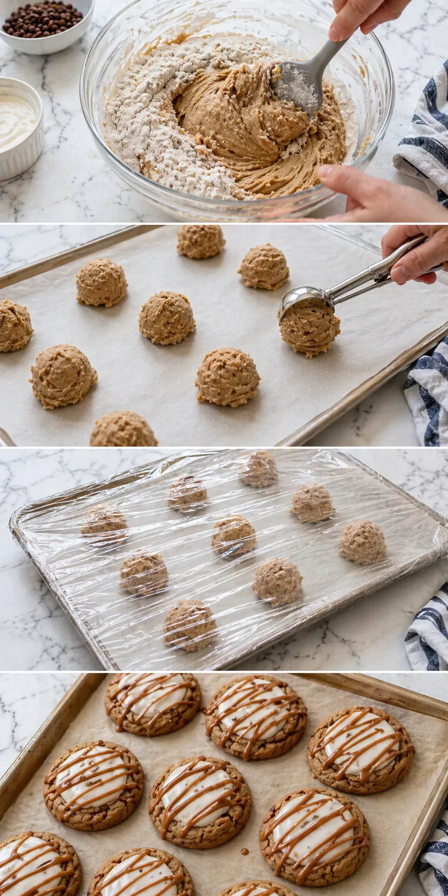 Four-panel collage of cookie dough mixing, scooping, chilling, and finished cookies with icing and drizzle.